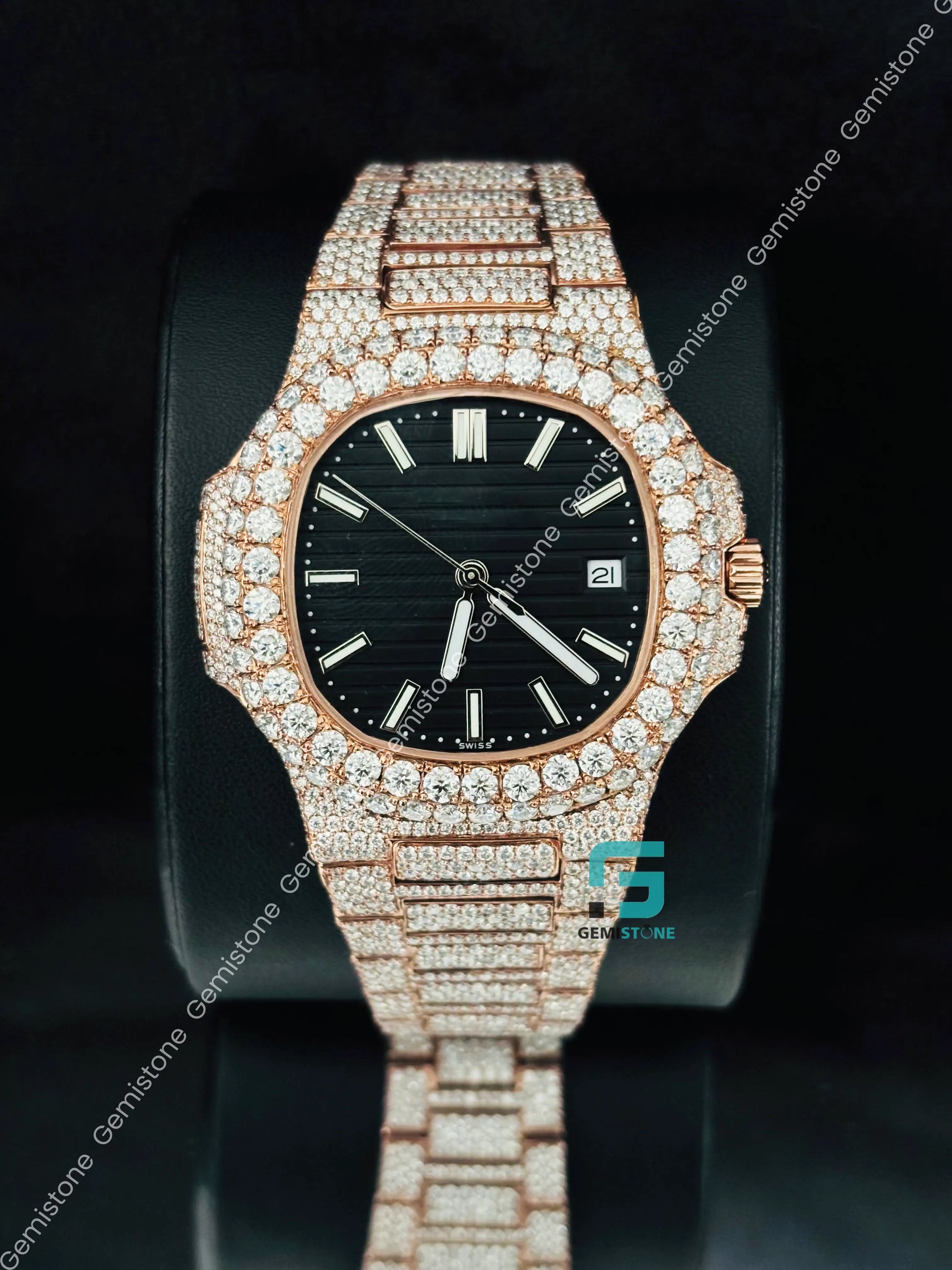 Patek Philippe Black Dial White Bar Moissanite Watch For Men