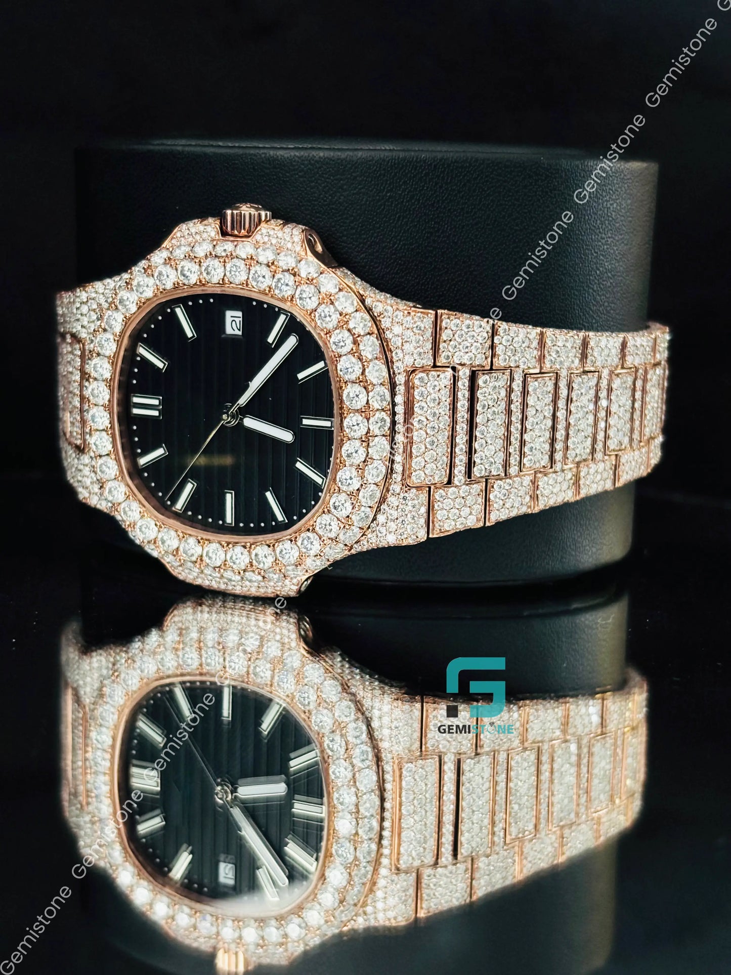 Patek Philippe Black Dial White Bar Studded Moissanite Watch For Men