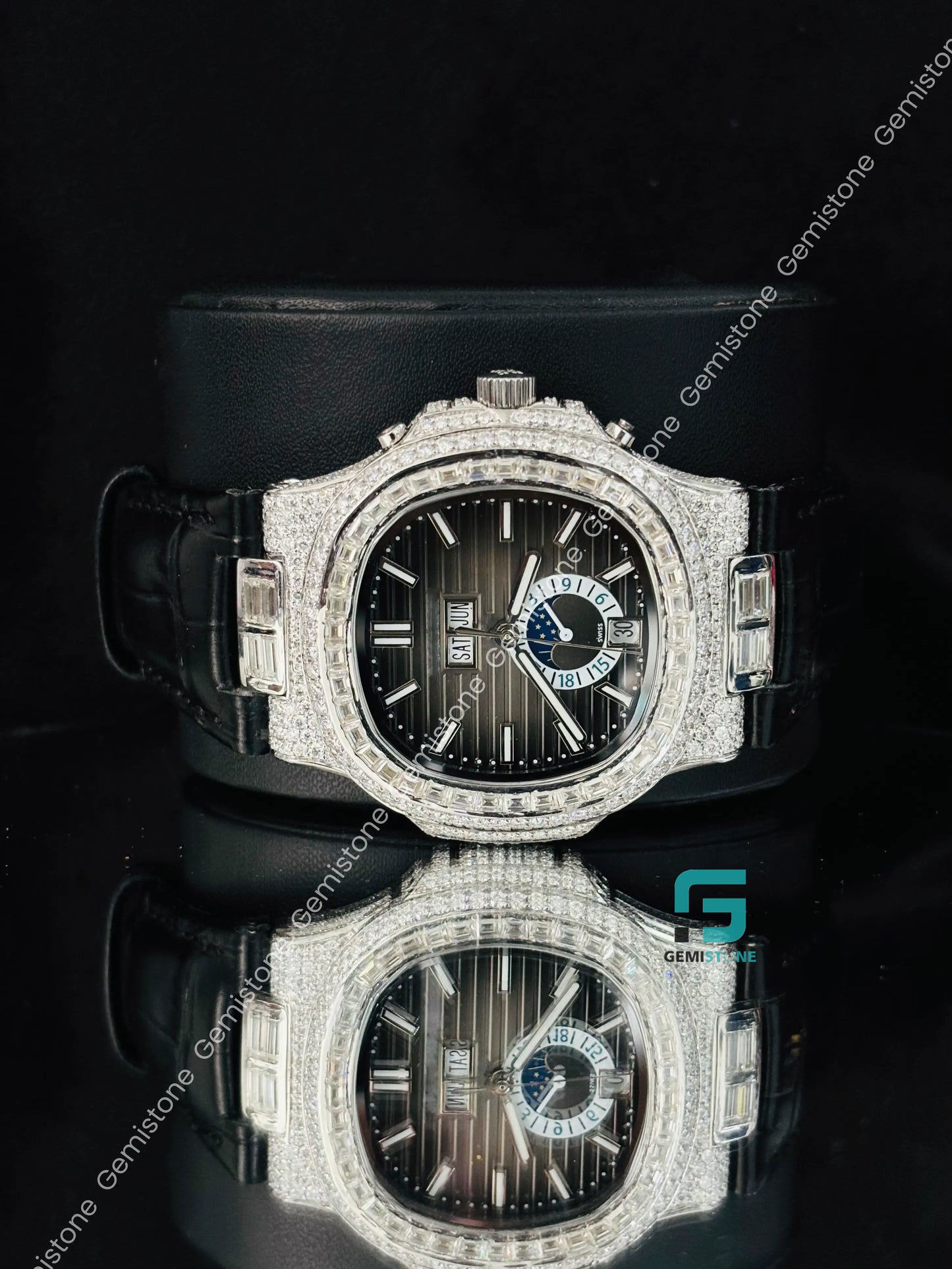 Patek Philippe Black Lather Strap Iced Out Moissanite Watch