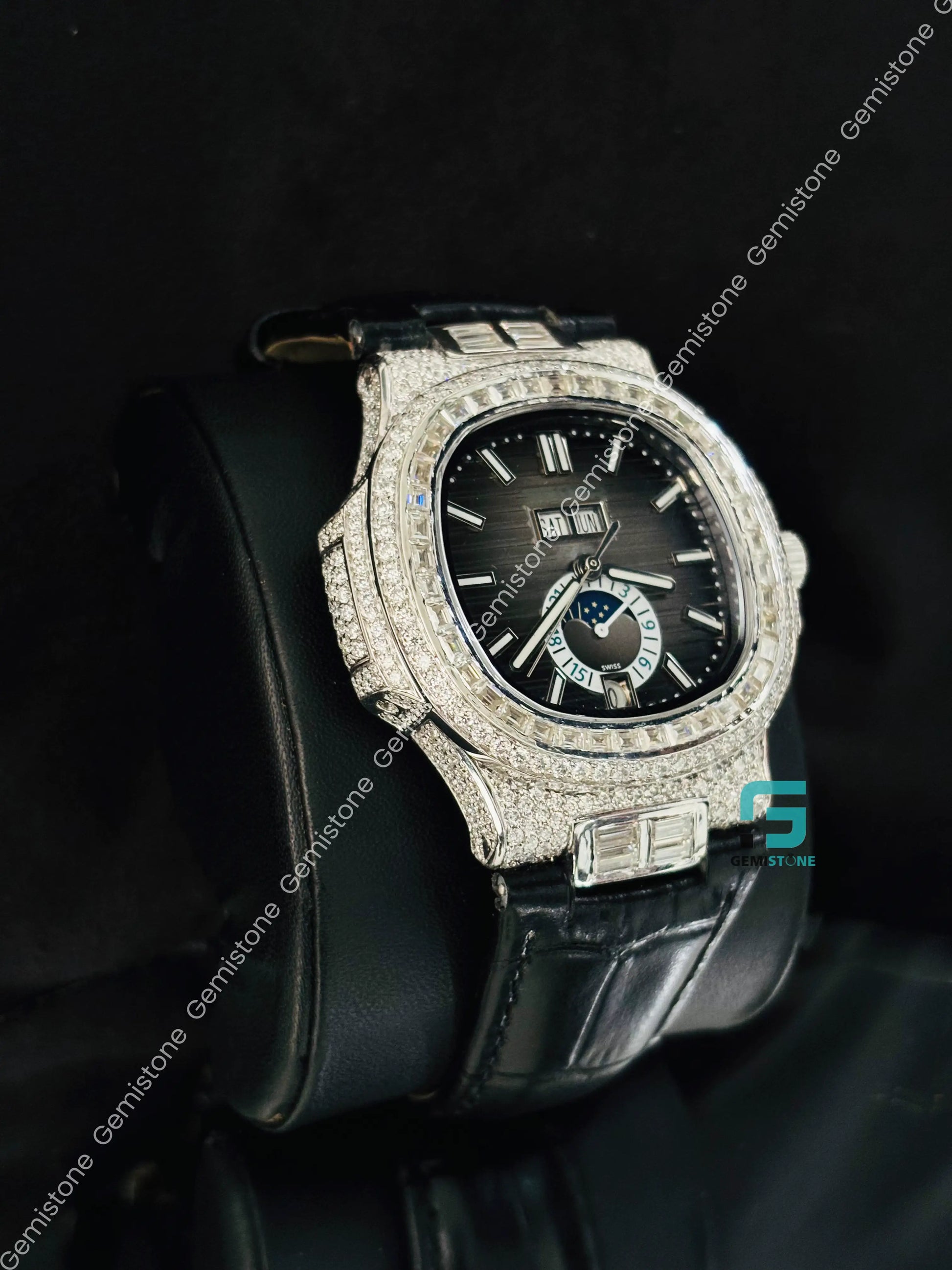 Patek Philippe Black Lather Strap Iced Out Moissanite Watch For Men