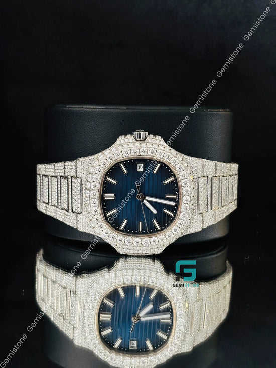 Patek Philippe Blue Dial White Bar Moissanite Studded Watch 