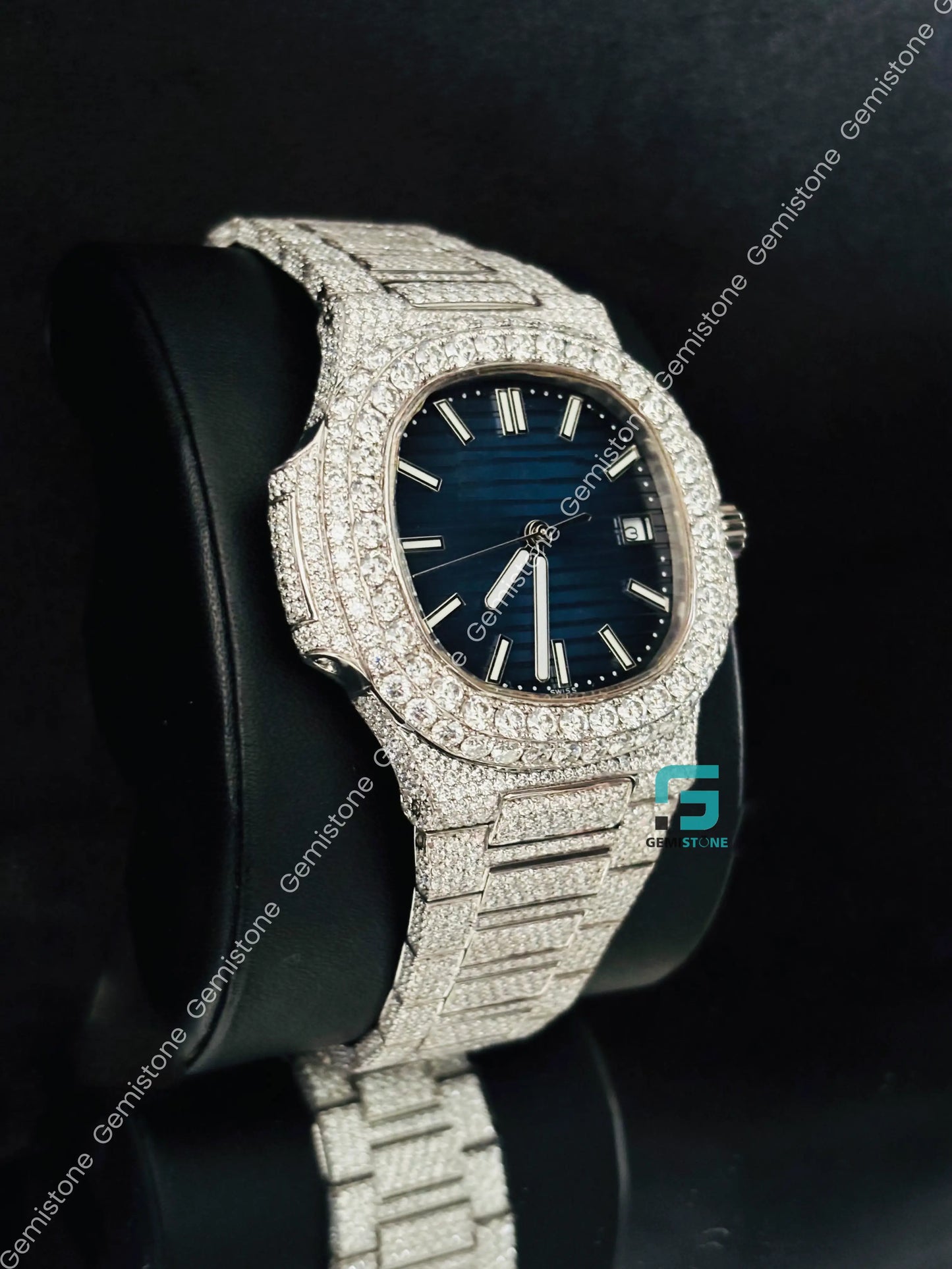 Patek Philippe Blue Dial White Bar Moissanite Watch