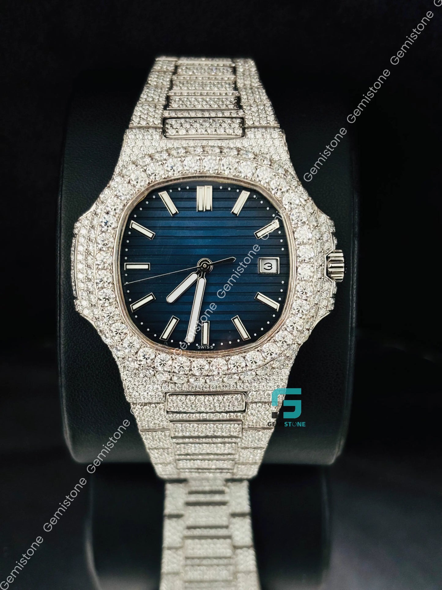 Patek Philippe Blue Dial White Bar Moissanite Watch For Men