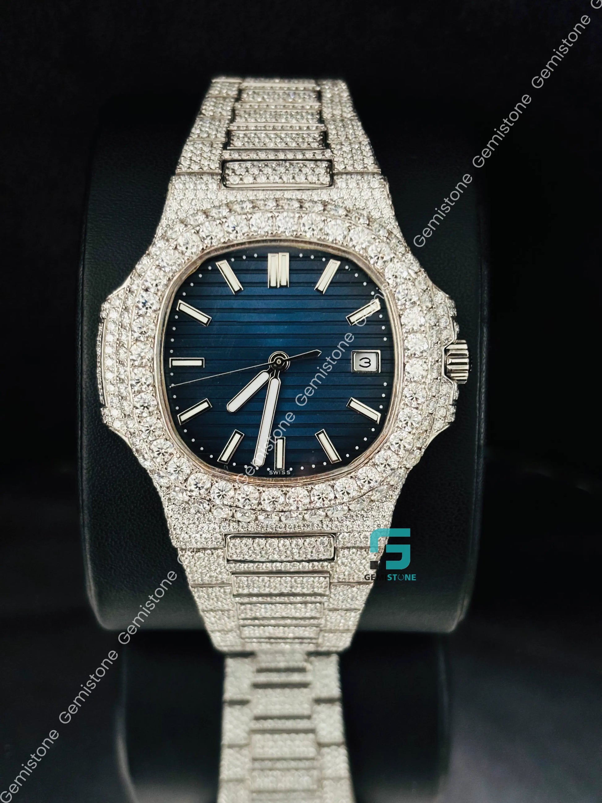 Patek Philippe Blue Dial White Bar Moissanite Watch For Men