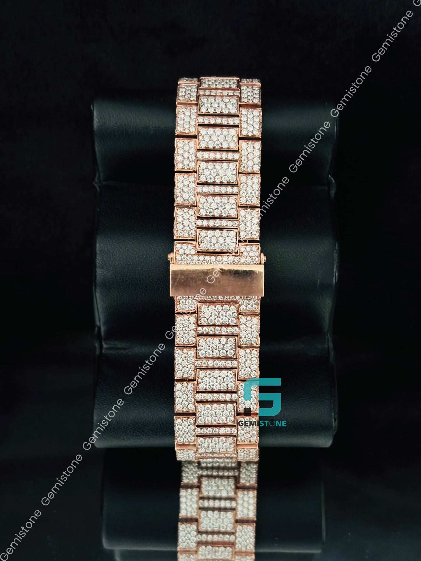 Patek Philippe Rose Gold Plated Black Dial White Bar Moissanite Studded Watch