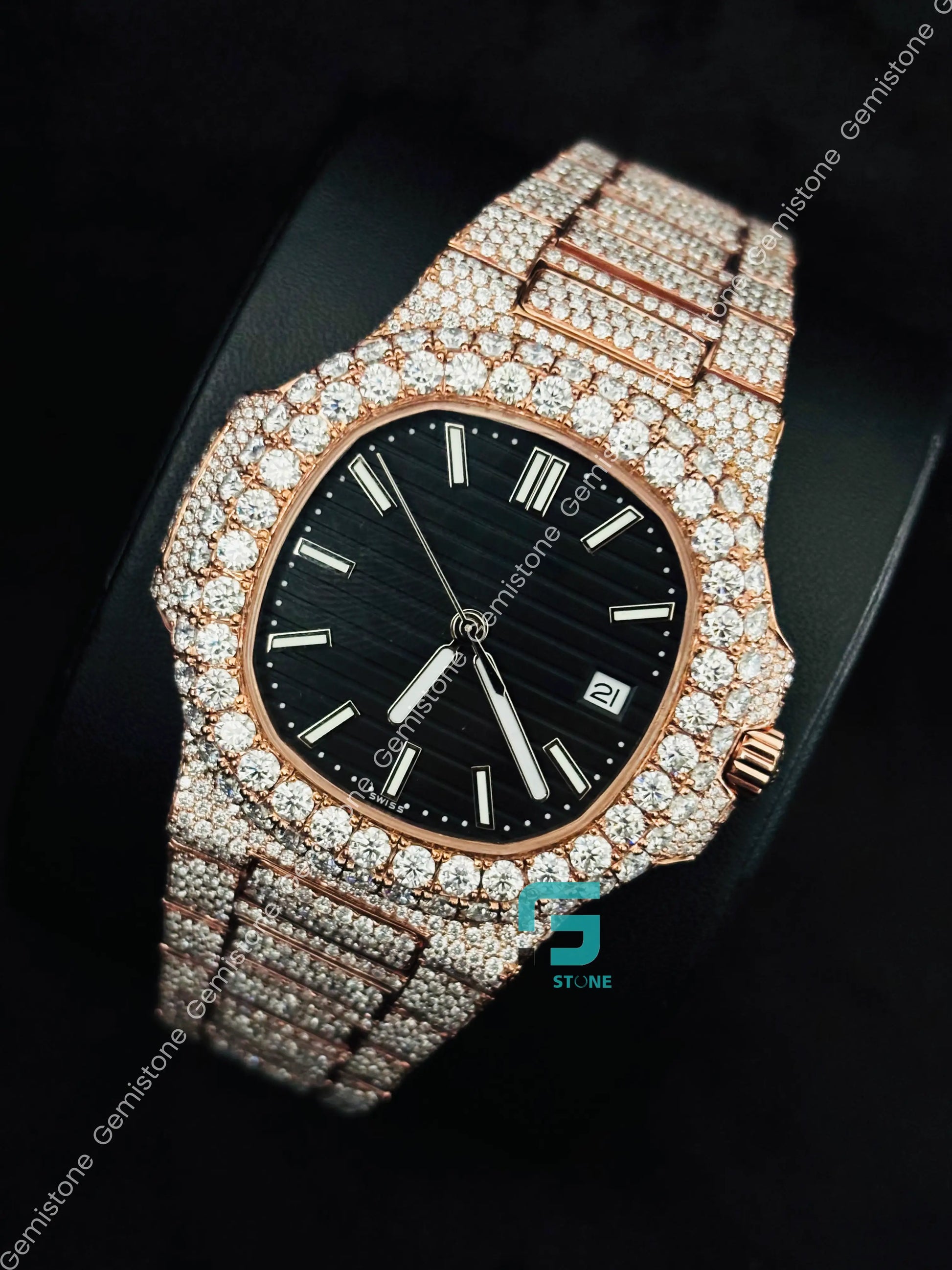 Patek Philippe Rose Gold Plated Black Dial White Bar Moissanite Studded Watch For Men