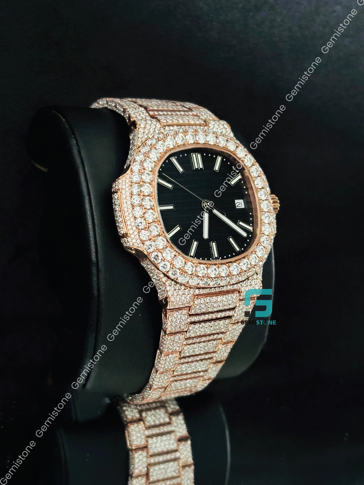 Patek Philippe Rose Gold Plated Iced Out White Bar Moissanite Studded Watch