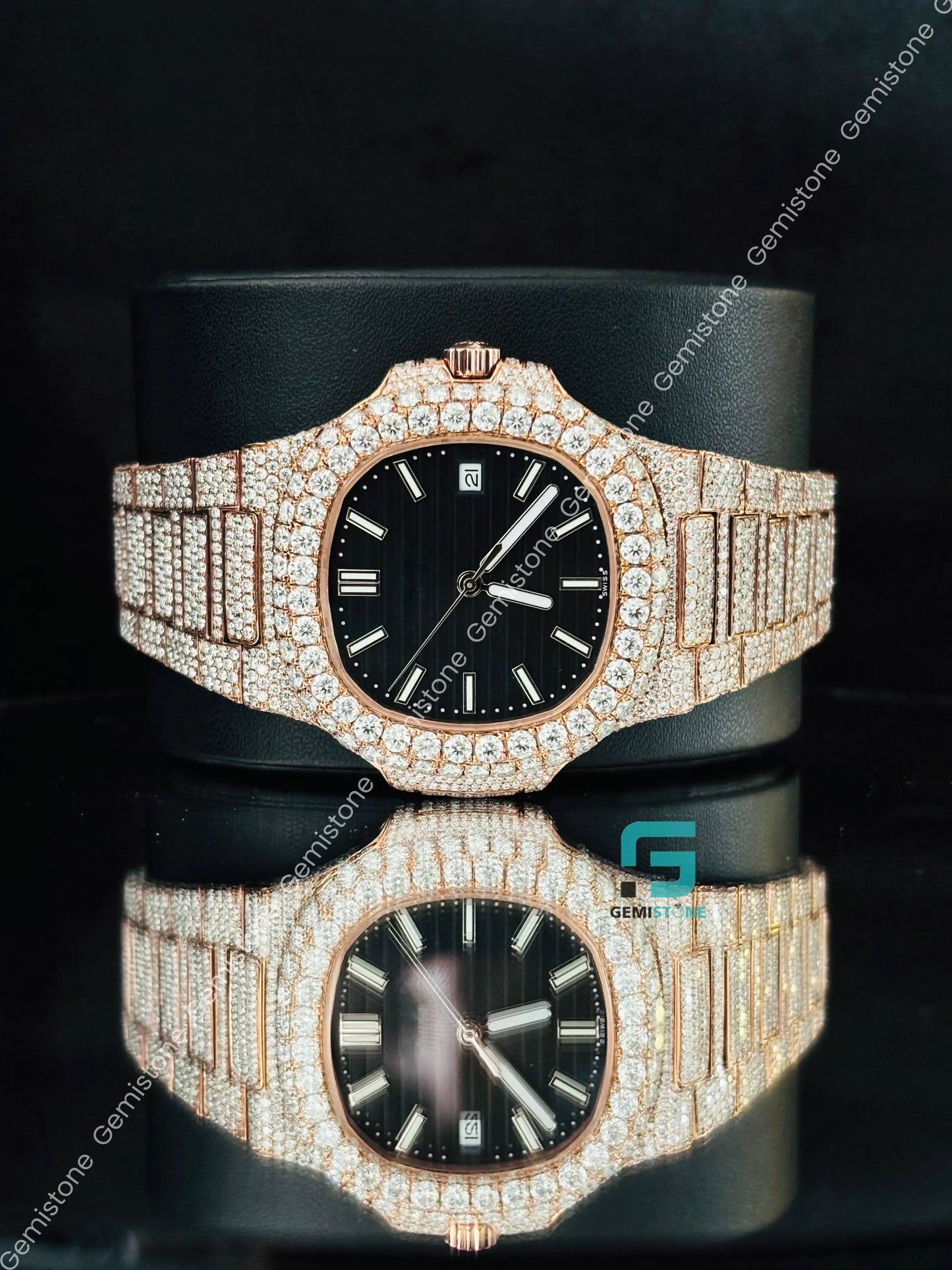 Patek Philippe Rose Gold Plated White Bar Moissanite Diamond Studded Watch