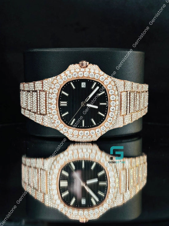 Patek Philippe Rose Gold Plated White Bar Moissanite Diamond Studded Watch