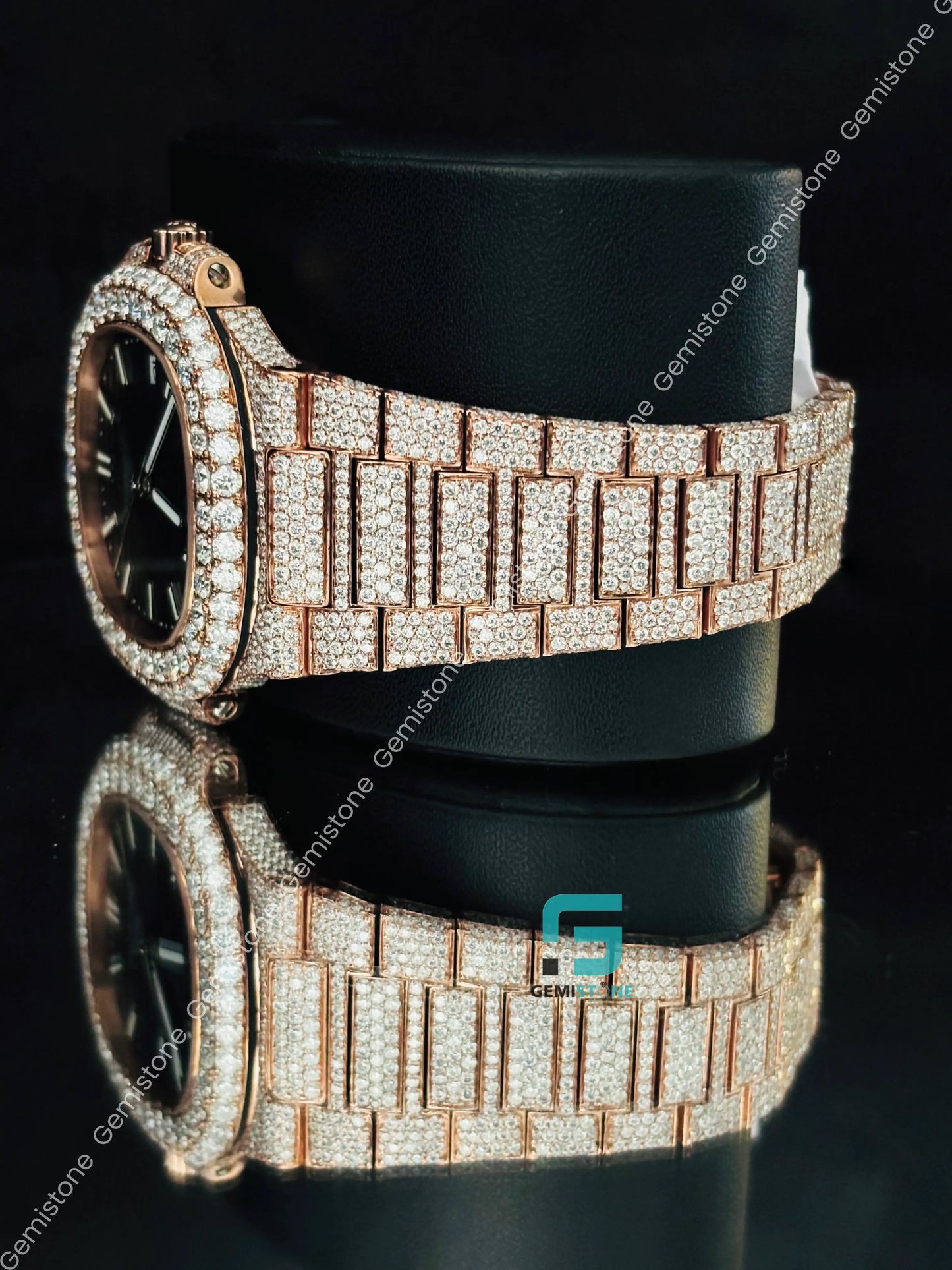 Patek Philippe Rose Gold Plated White Bar Moissanite Studded Watch For Men