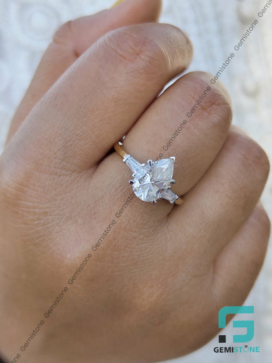 3 CT Pear Shape & Tappered Baguette Moissanite Three Stone Engagement Ring