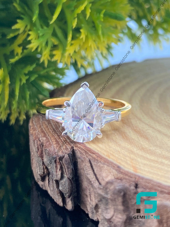 3 CT Pear Shape & Tappered Baguette Moissanite Three Stone Engagement Ring