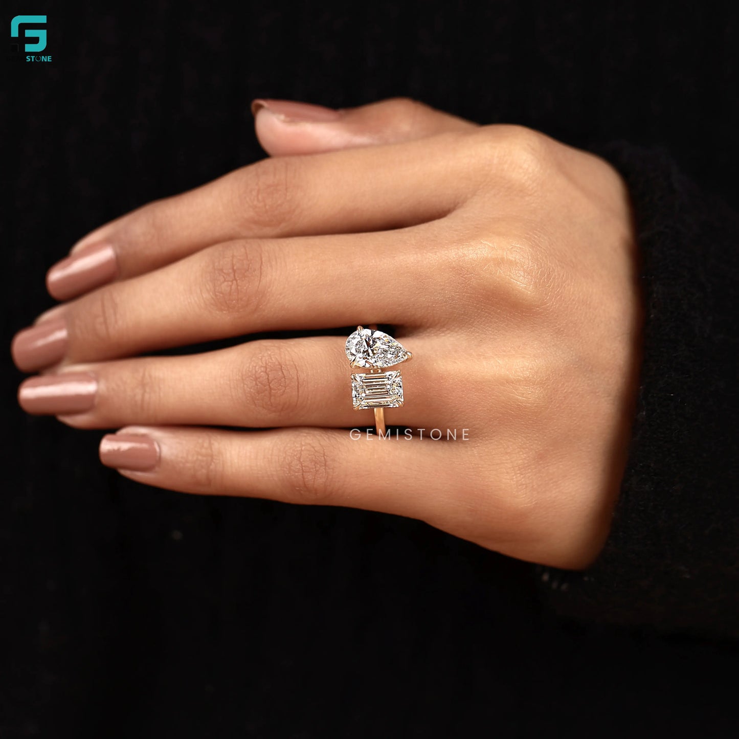 Pear And Emerald Toi Et Moi Lab Diamond Ring