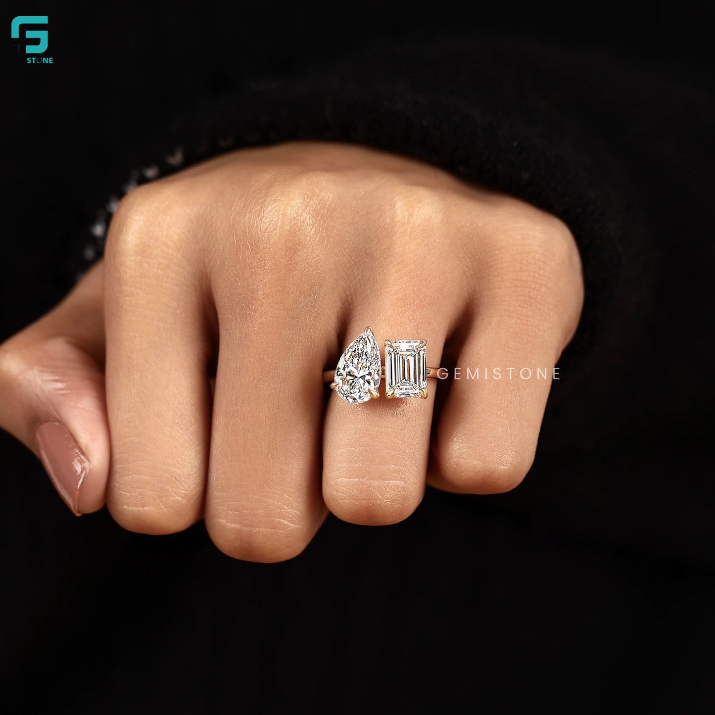 Pear And Emerald Toi Et Moi Lab Diamond Ring For Women