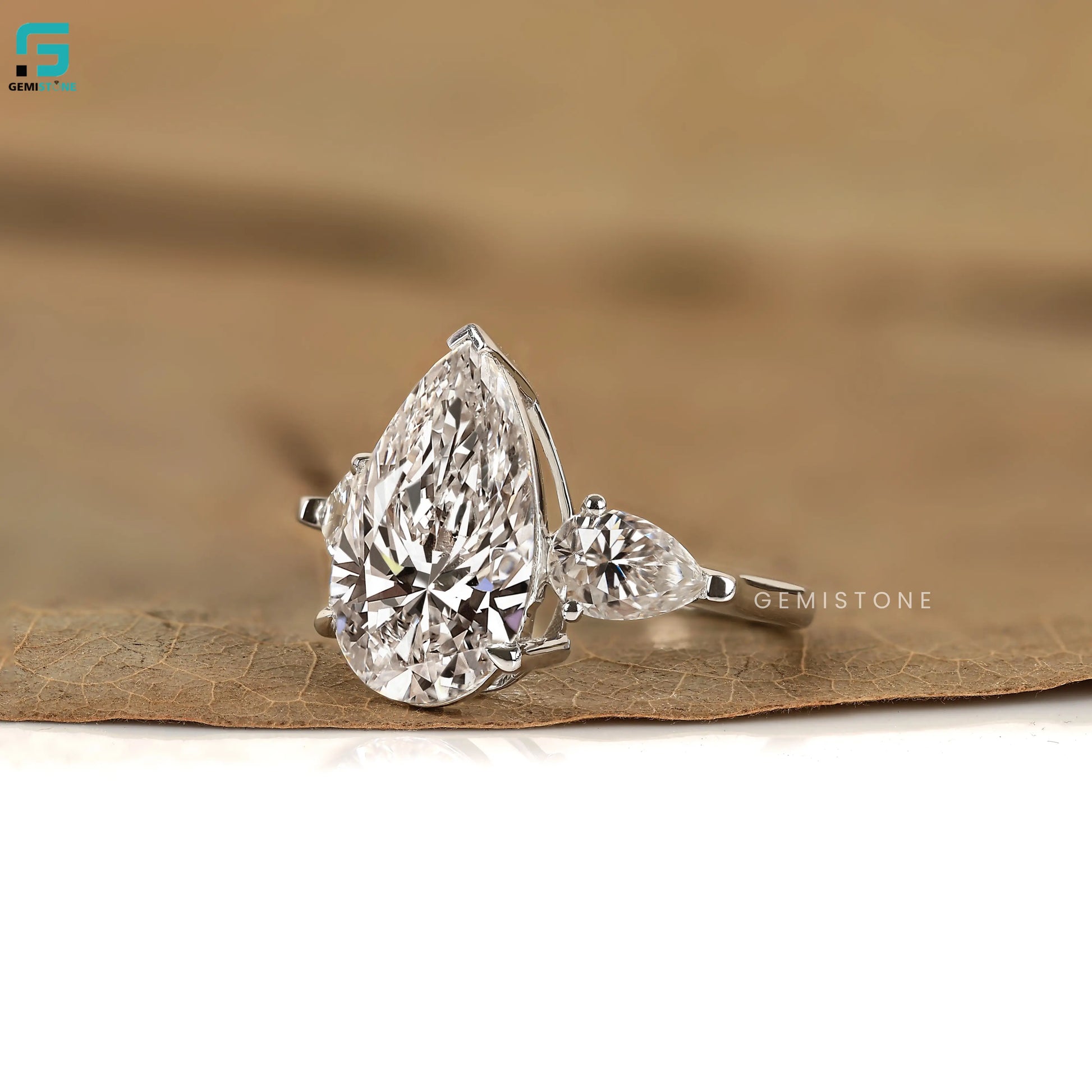 Pear Lab Diamond Three Stone Wedding Ring For Women