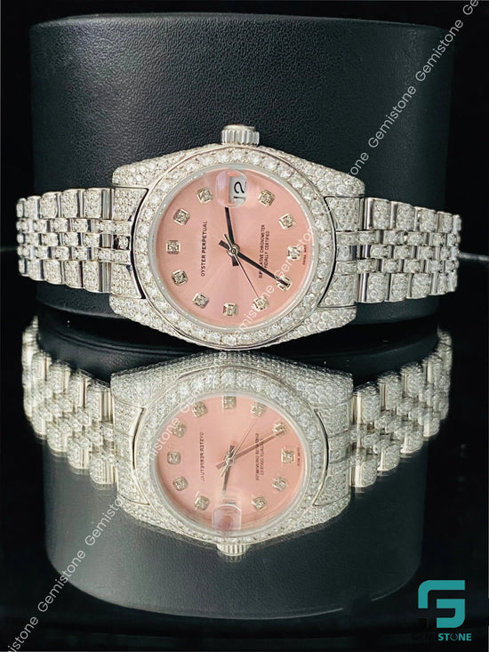 31MM Fully White Iced Out Pink Dial Moissanite Watch For Women