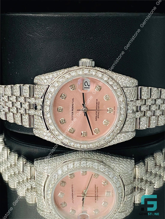 31MM Fully White Iced Out Pink Dial Moissanite Watch For Women