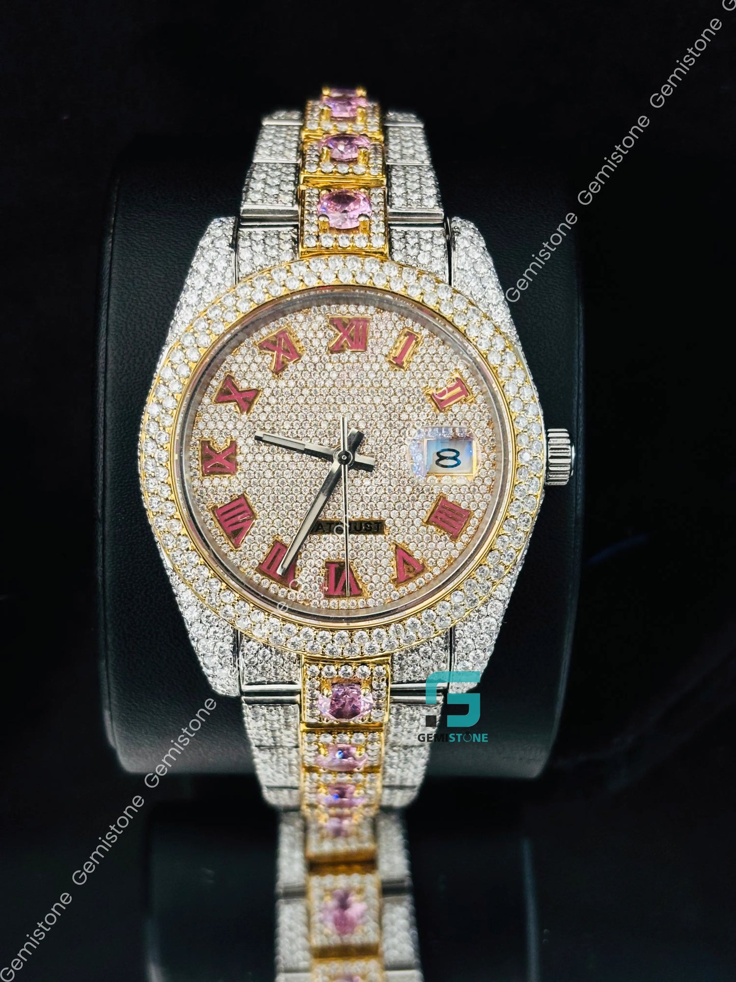 Pink Roman Number Studded Moissanite Automatic Watch