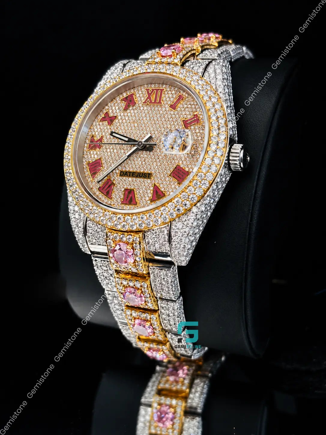 Pink Roman Number Studded Moissanite Automatic Watch