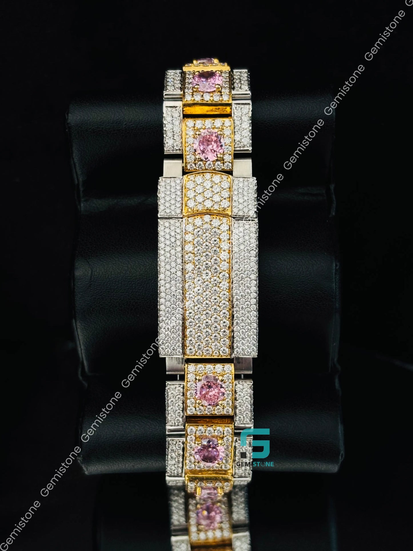 Pink Roman Number Studded Moissanite Automatic Watch