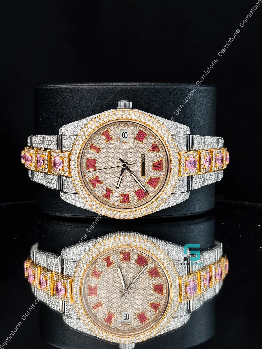 Pink Roman Number Studded Moissanite Automatic Watch