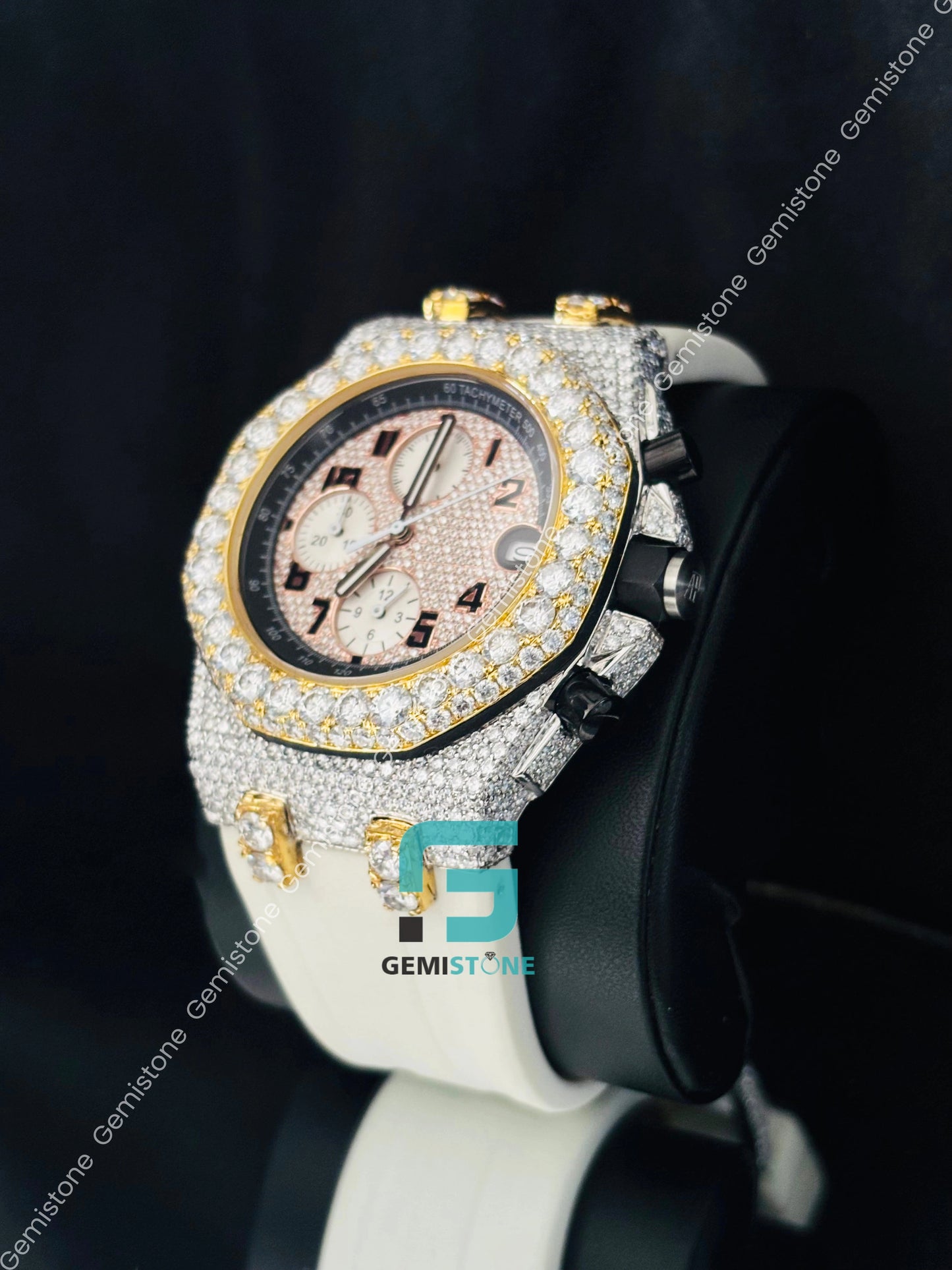 Pink Stone Falce Dial MultiChronograph AP Moissanite Watch
