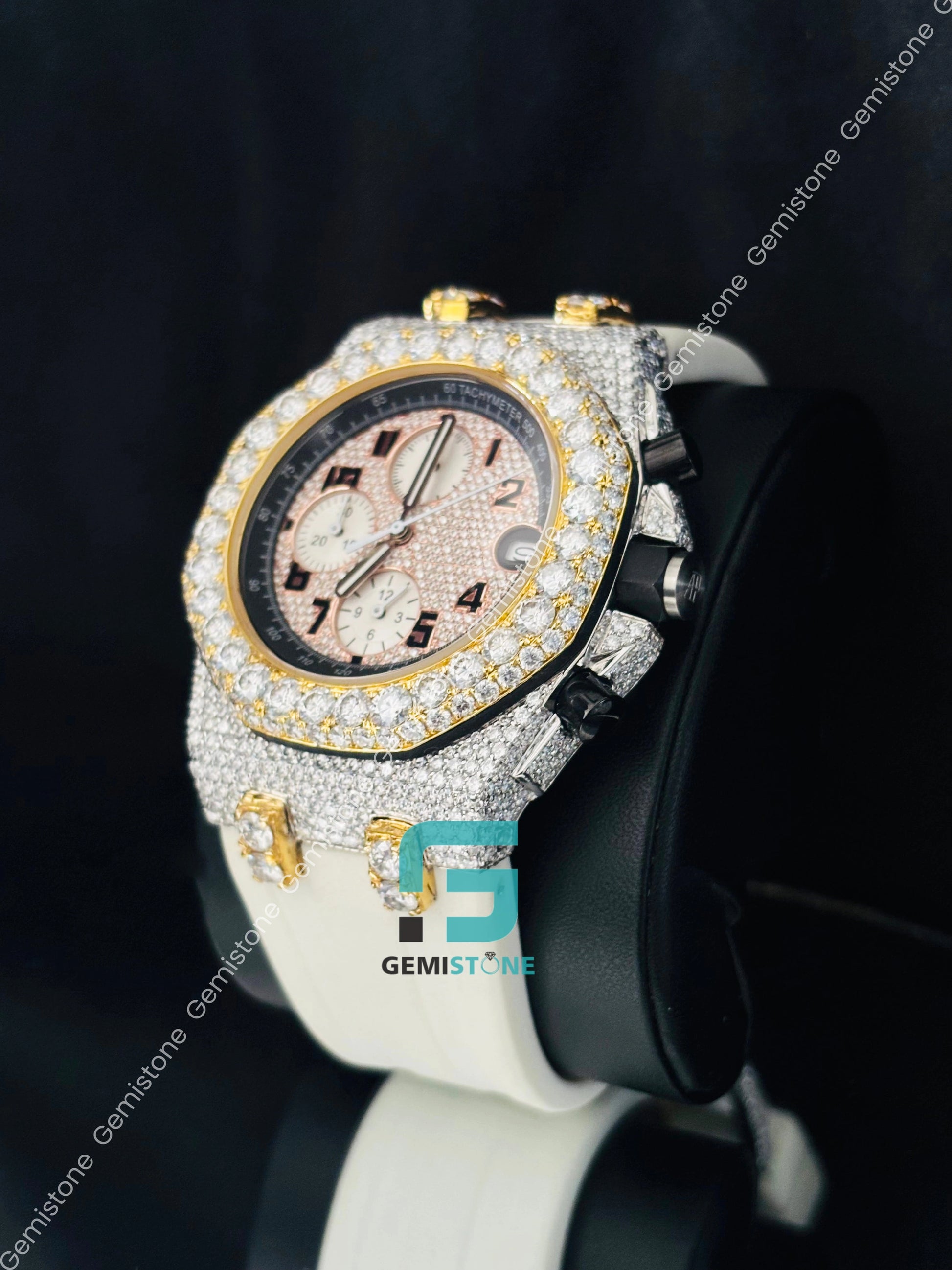 Pink Stone Falce Dial MultiChronograph AP Moissanite Watch