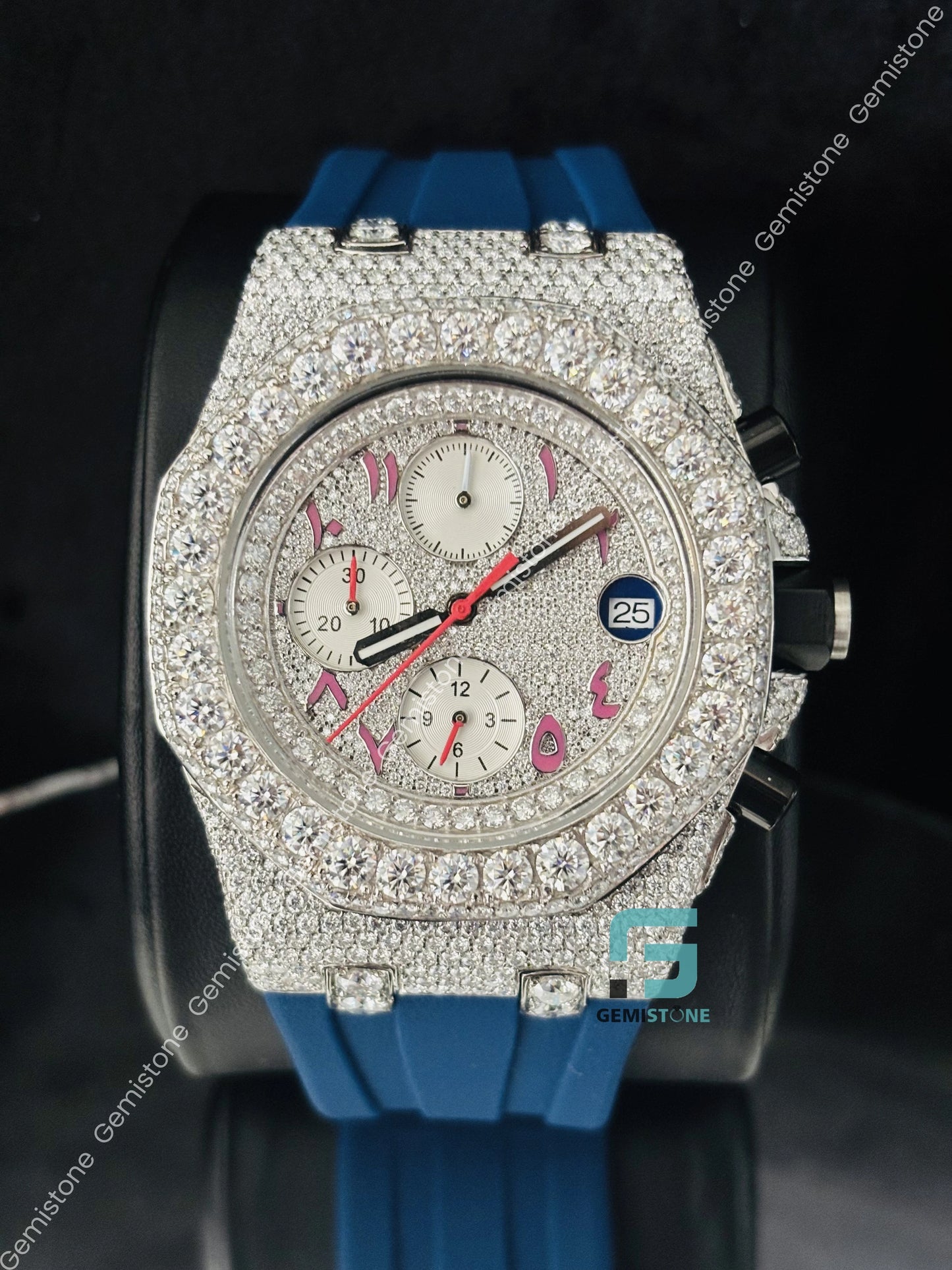 Pink Arabic Number Iced Out Moissanite Watch