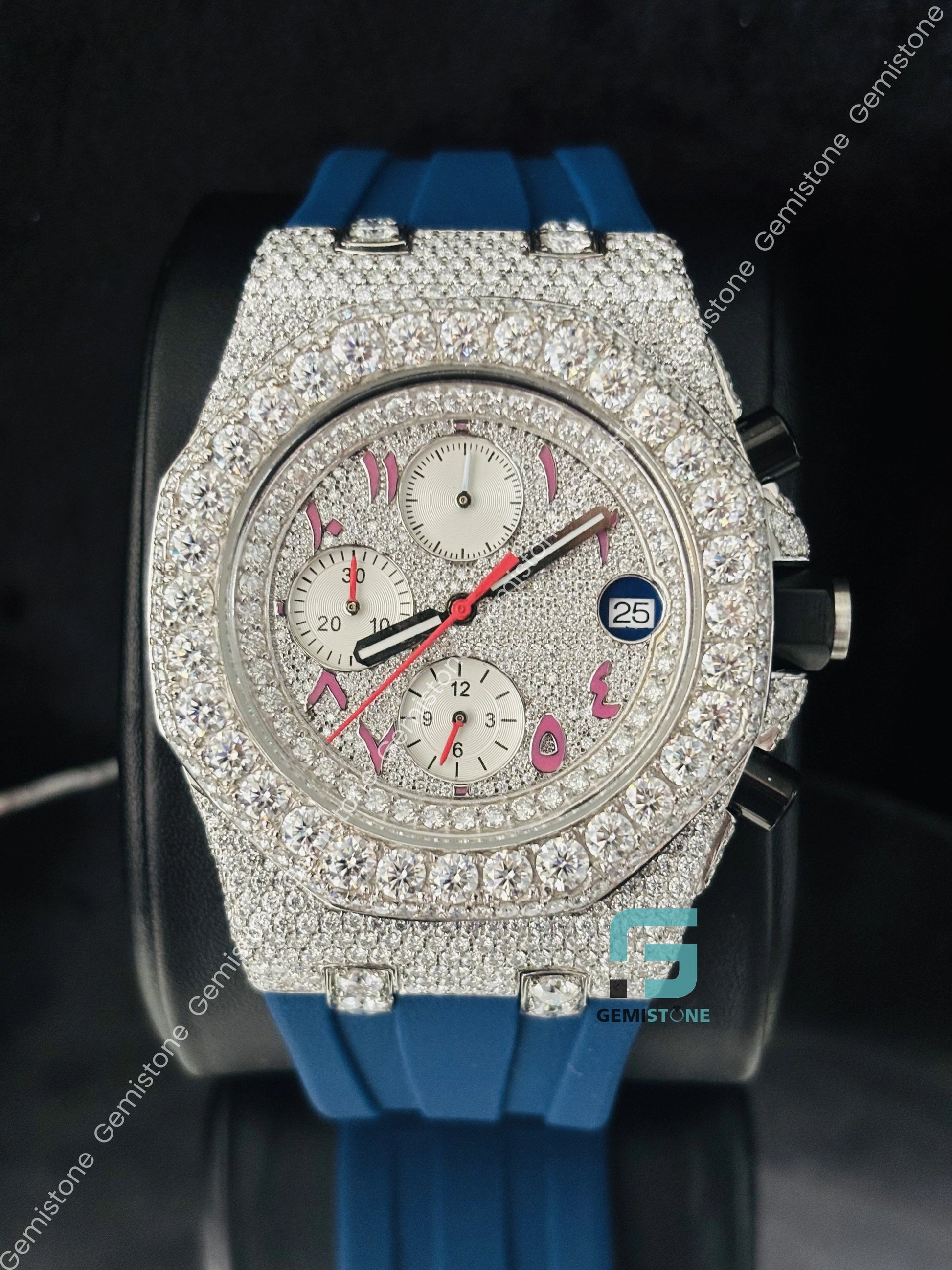 Pink Arabic Number Iced Out Moissanite Watch