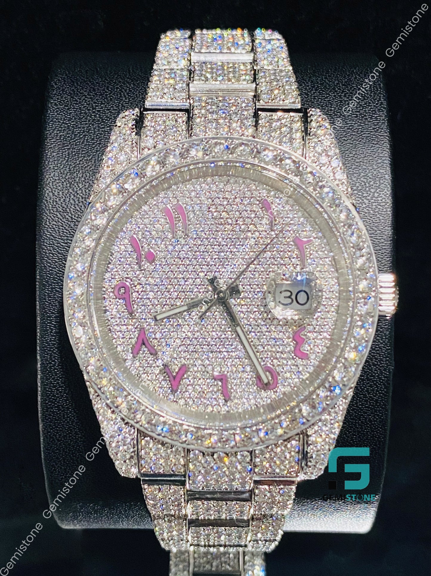 Pink Arabic Number Moissanite watch