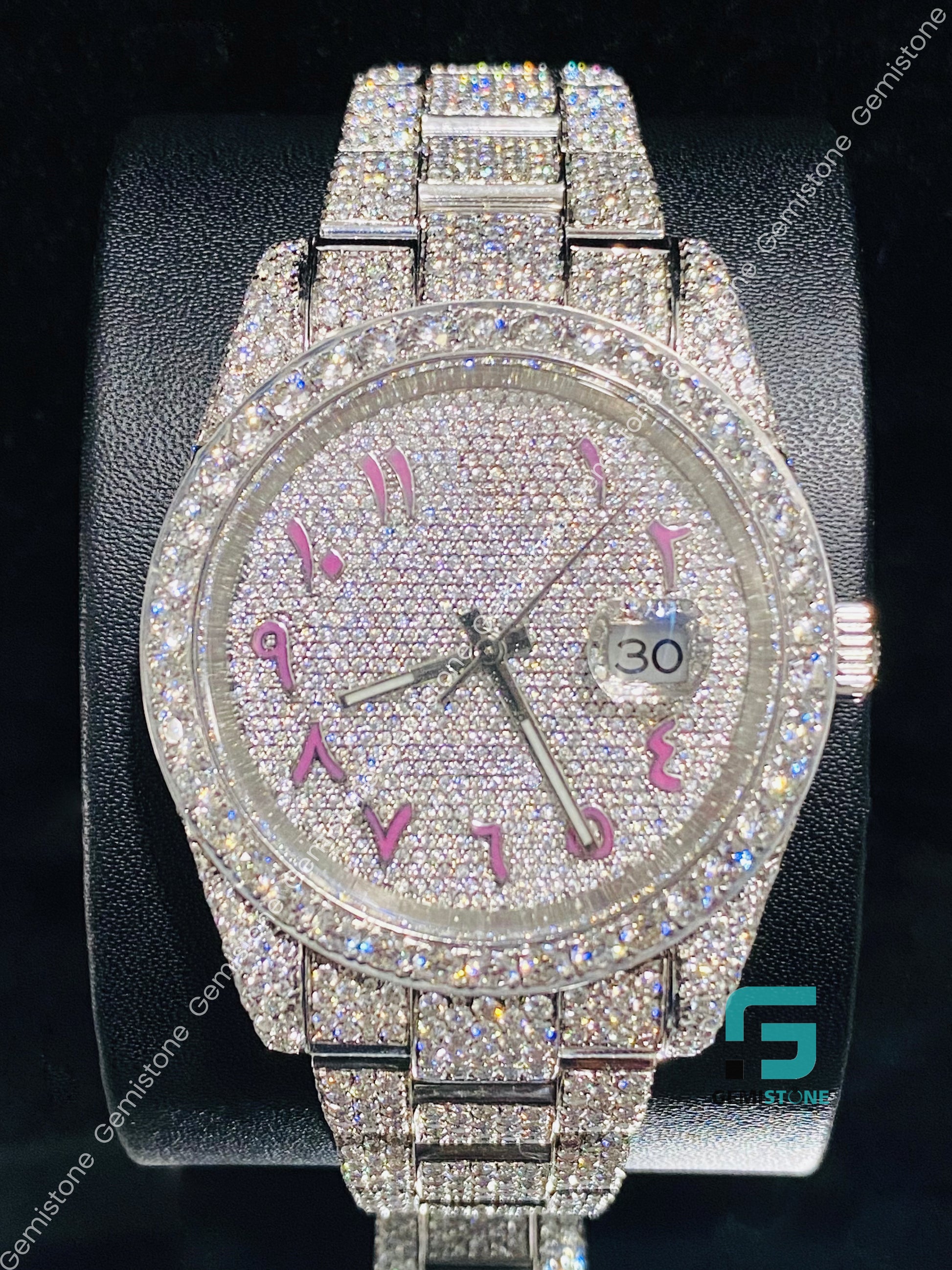 Pink Arabic Number Moissanite watch