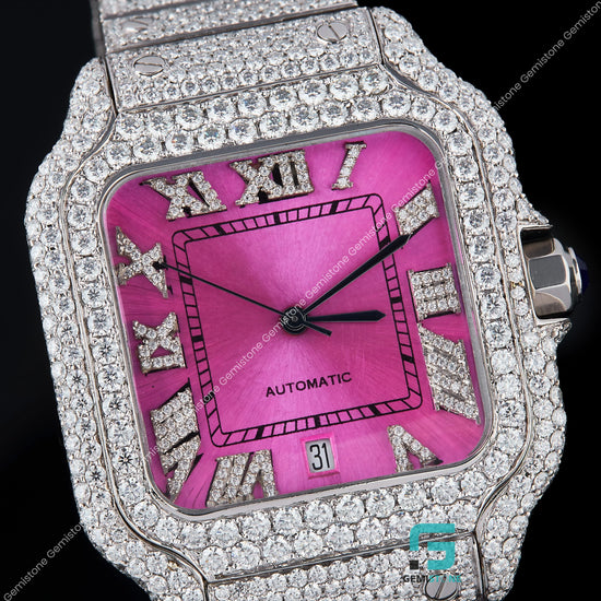 Pink Dial Cartier Moissanite Watch