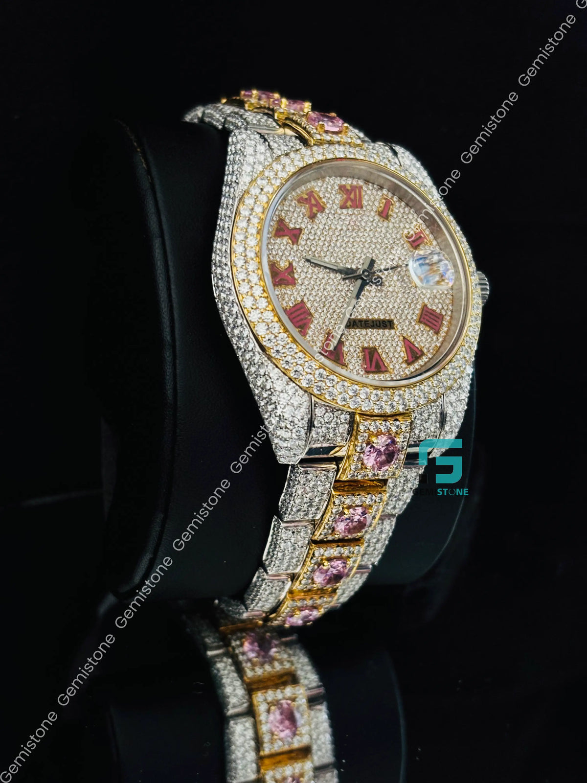 Pink Diamond Rolex Moissanite Studded Watch For Men