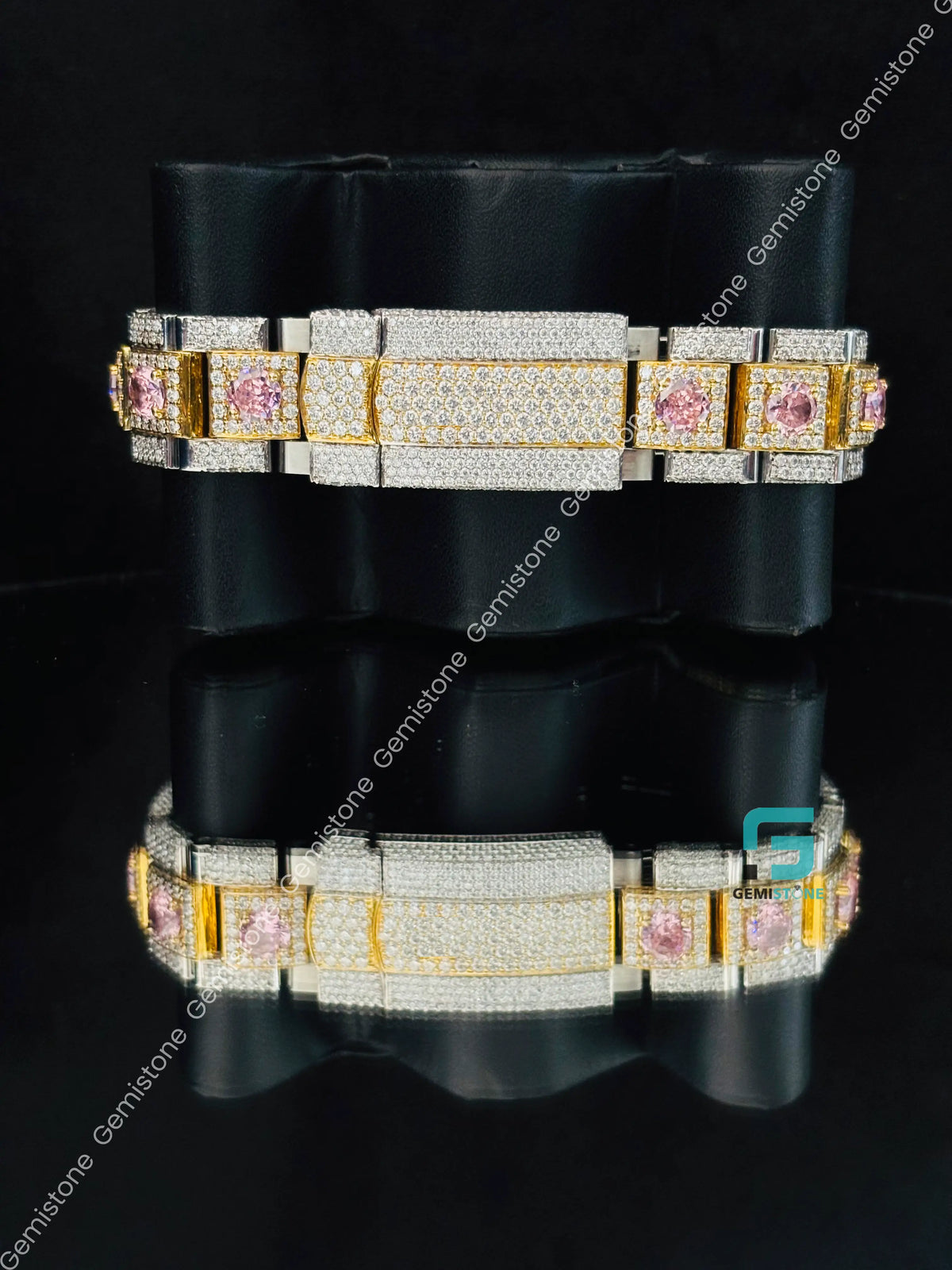 Pink Roman Number And Pink Diamond Rolex Moissanite Studded Watch For Men