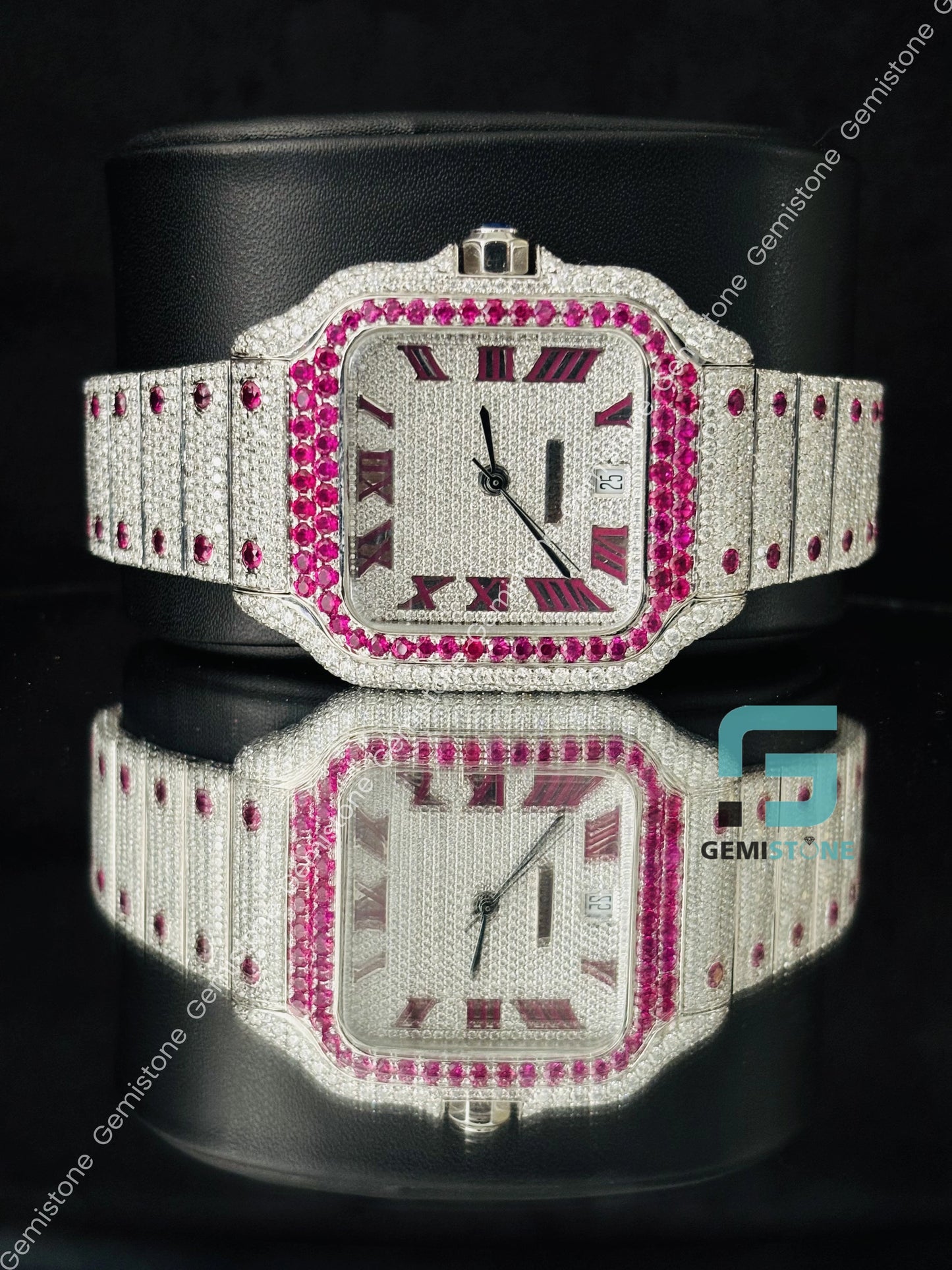 Pink Roman Number Iced Out Moissanite Wrist Watch For Men_s