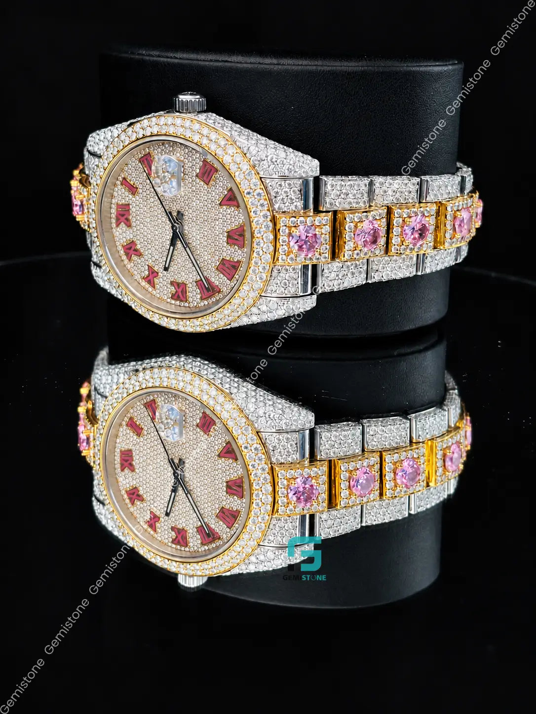 Pink Roman Number Moissanite Studded Watch For Men