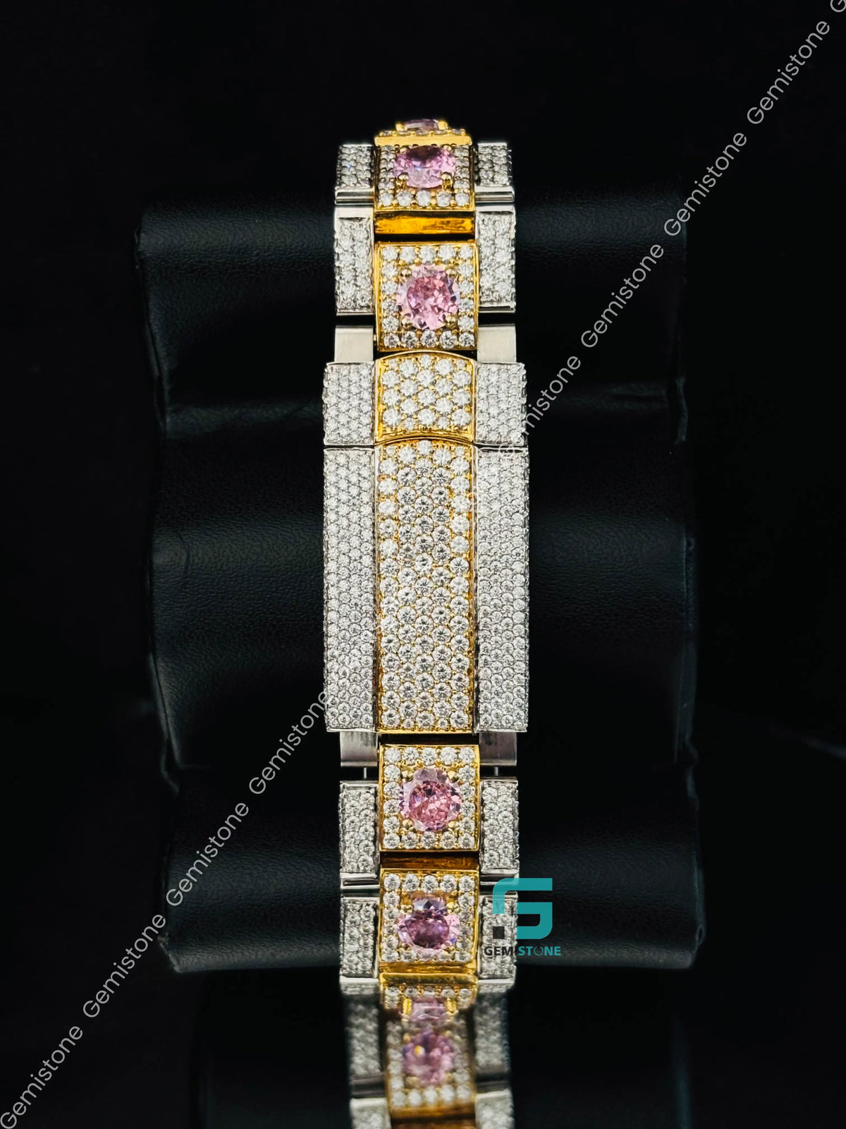 Pink Roman Number Rolex Moissanite Studded Watch