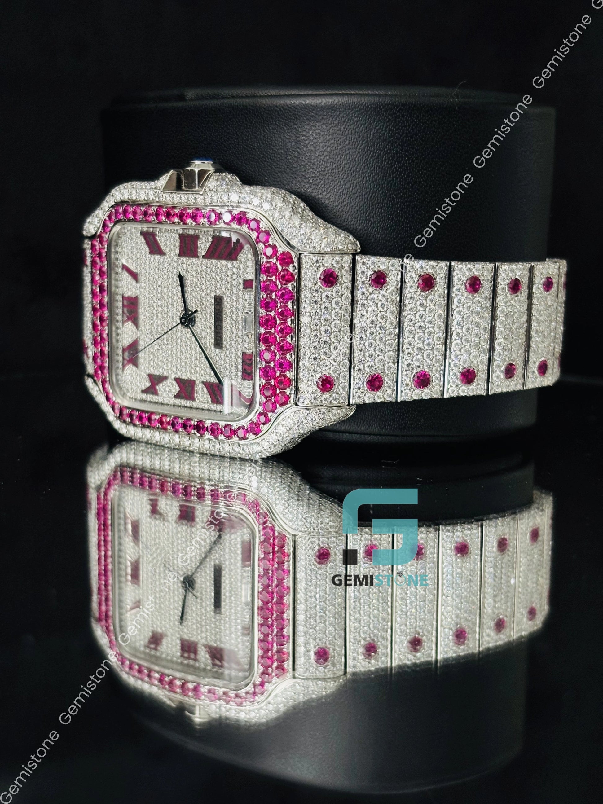 Pink Stone Moissanite Iced Out Hip Hop Watch