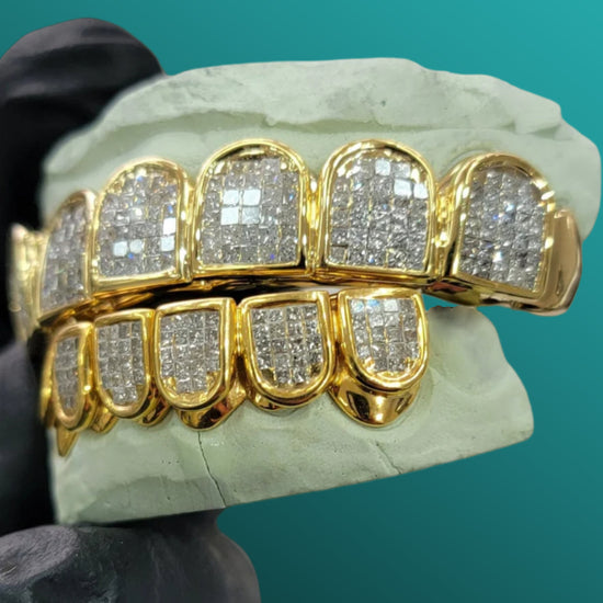 Iced Invisible Set VVS Moissanite Princess Cut Diamond Grillz 925 Sterling Silver