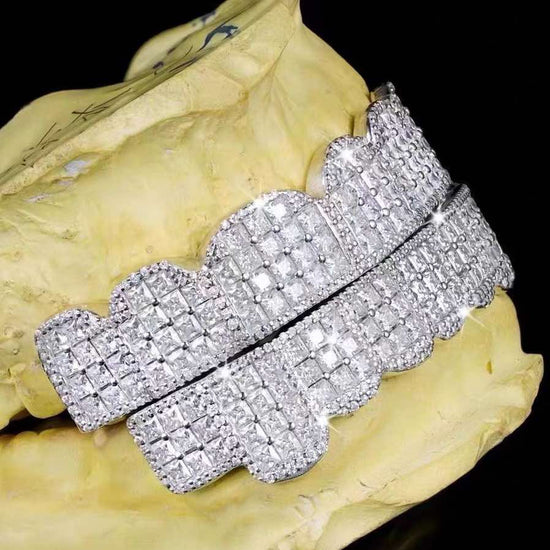 925 Silver Invisible Set Fully Iced Princess Diamond Cut Grillz