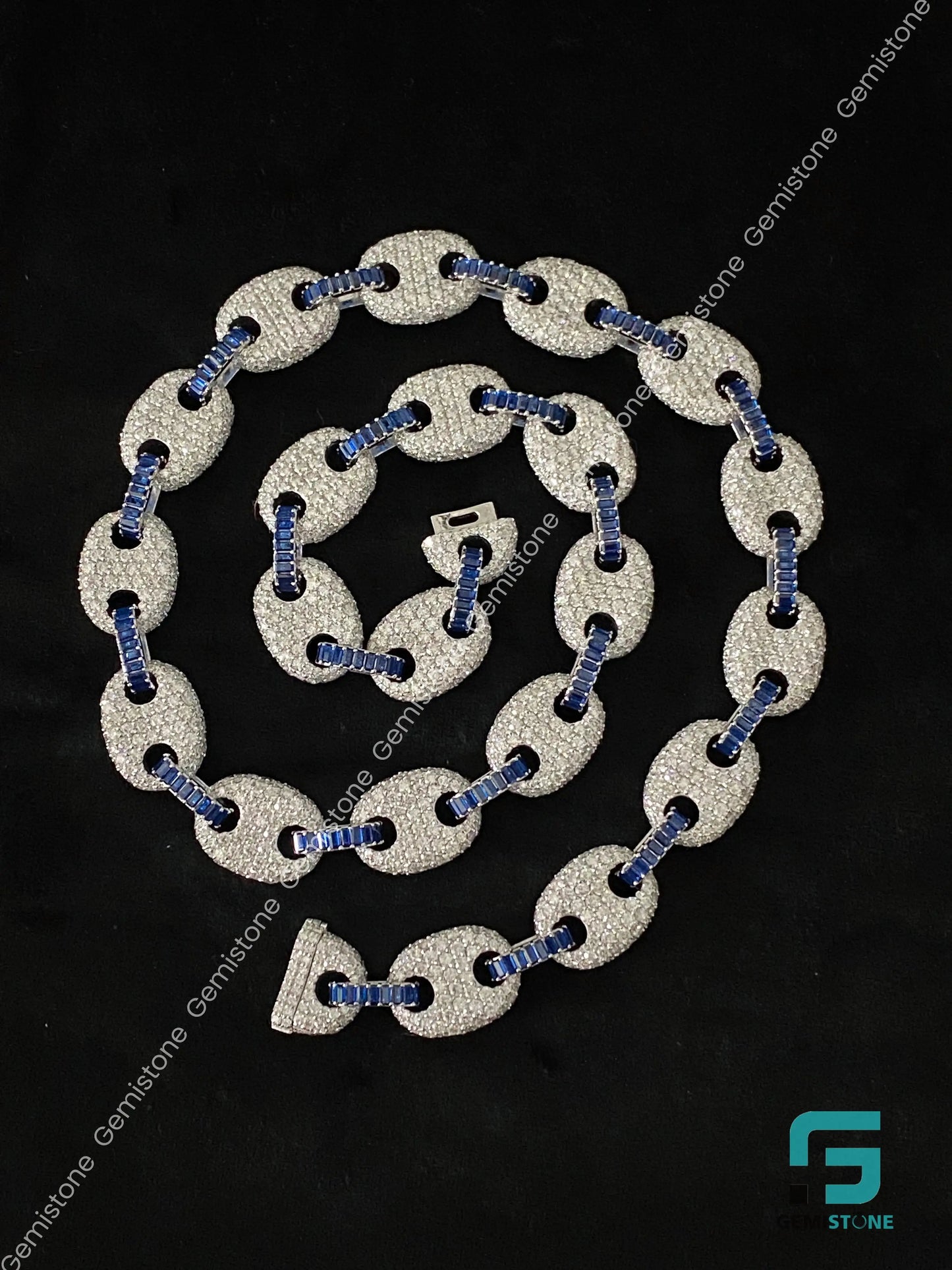 22" 925 Silver Fully Iced Out Round & Blue Baguette Puff Link Moissanite Cuban Chain