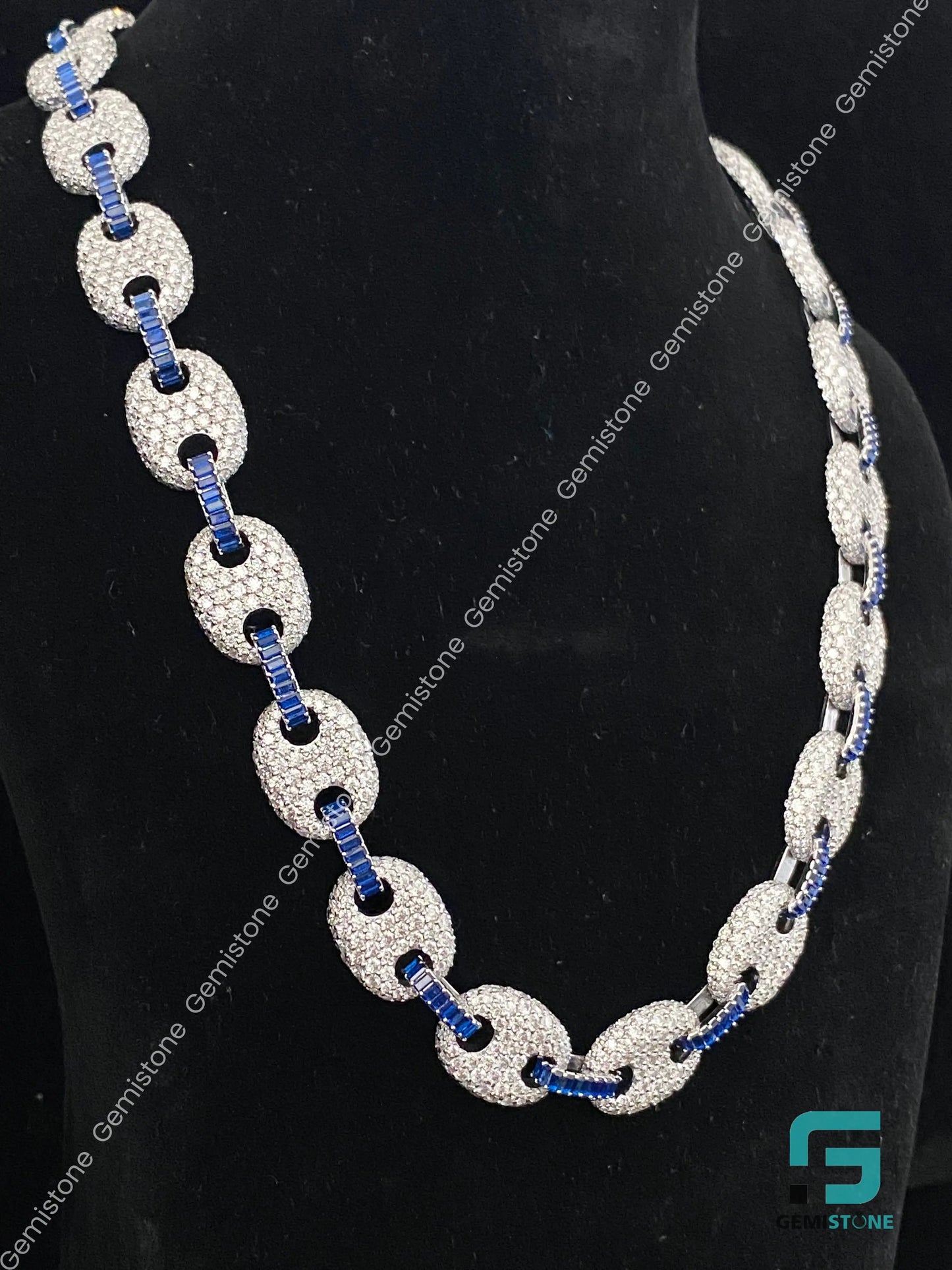 22" 925 Silver Fully Iced Out Round & Blue Baguette Puff Link Moissanite Cuban Chain