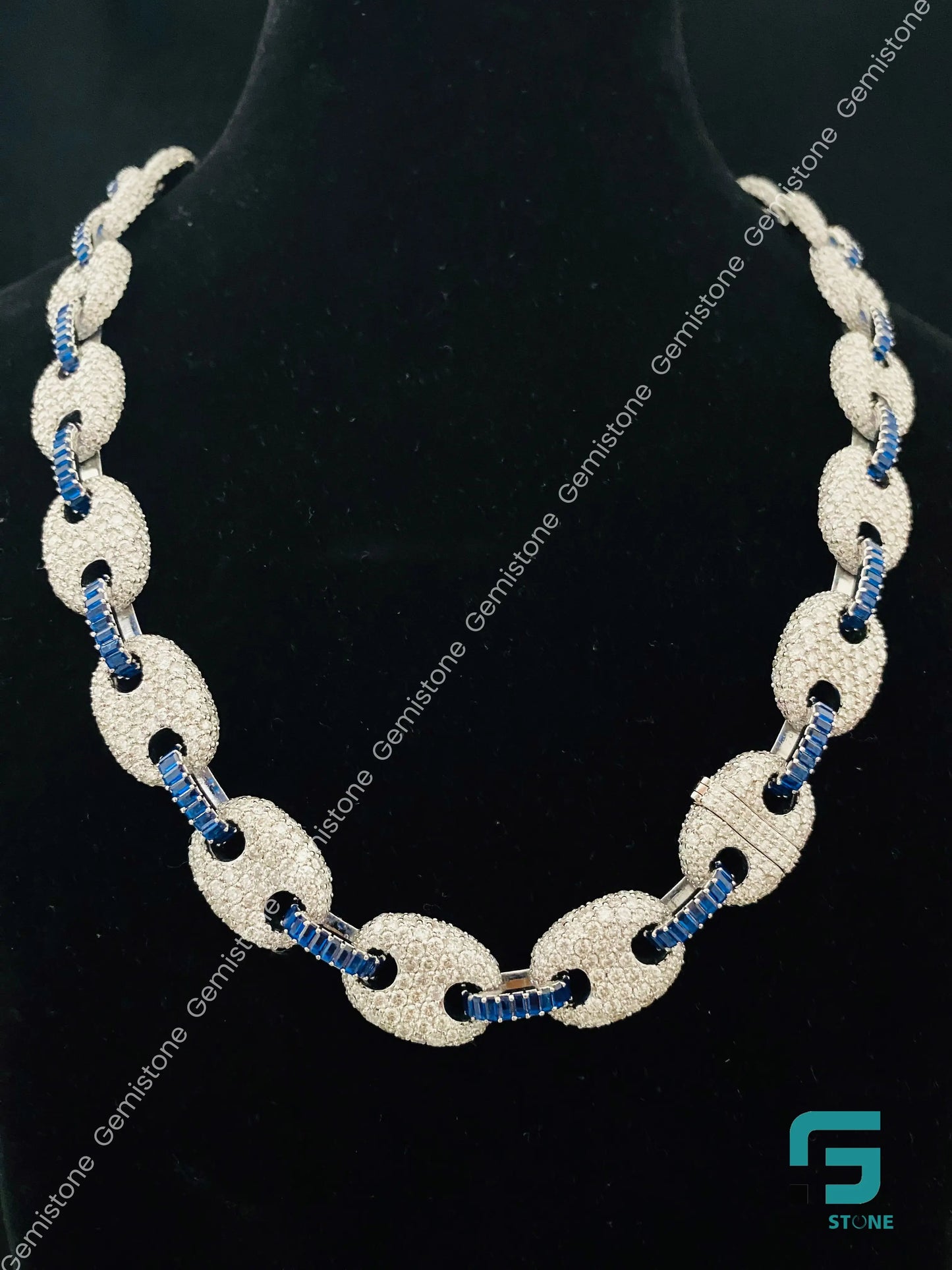 22" 925 Silver Fully Iced Out Round & Blue Baguette Puff Link Moissanite Cuban Chain