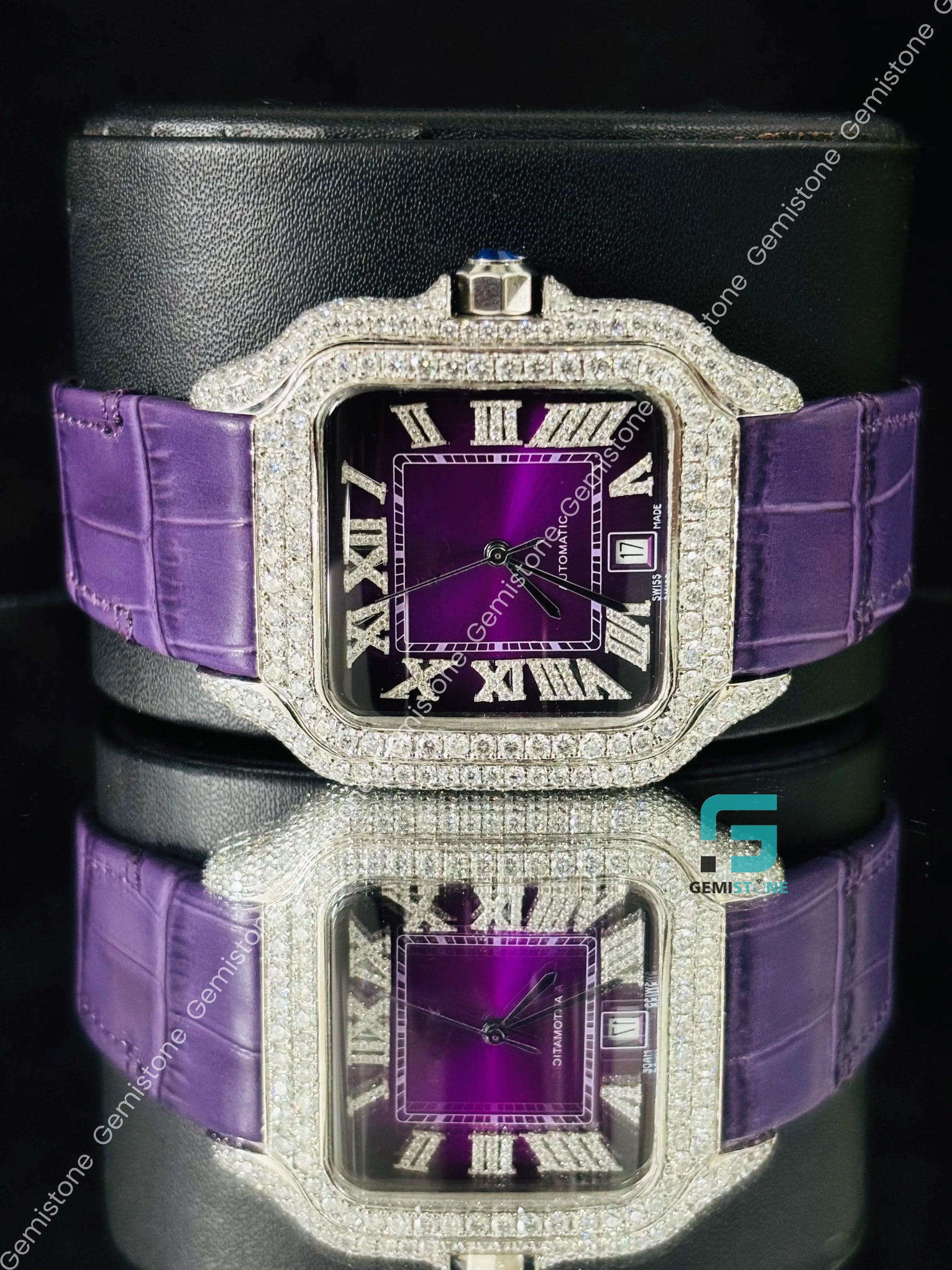 Purpal Lather Strap Moissanite Watch For Men