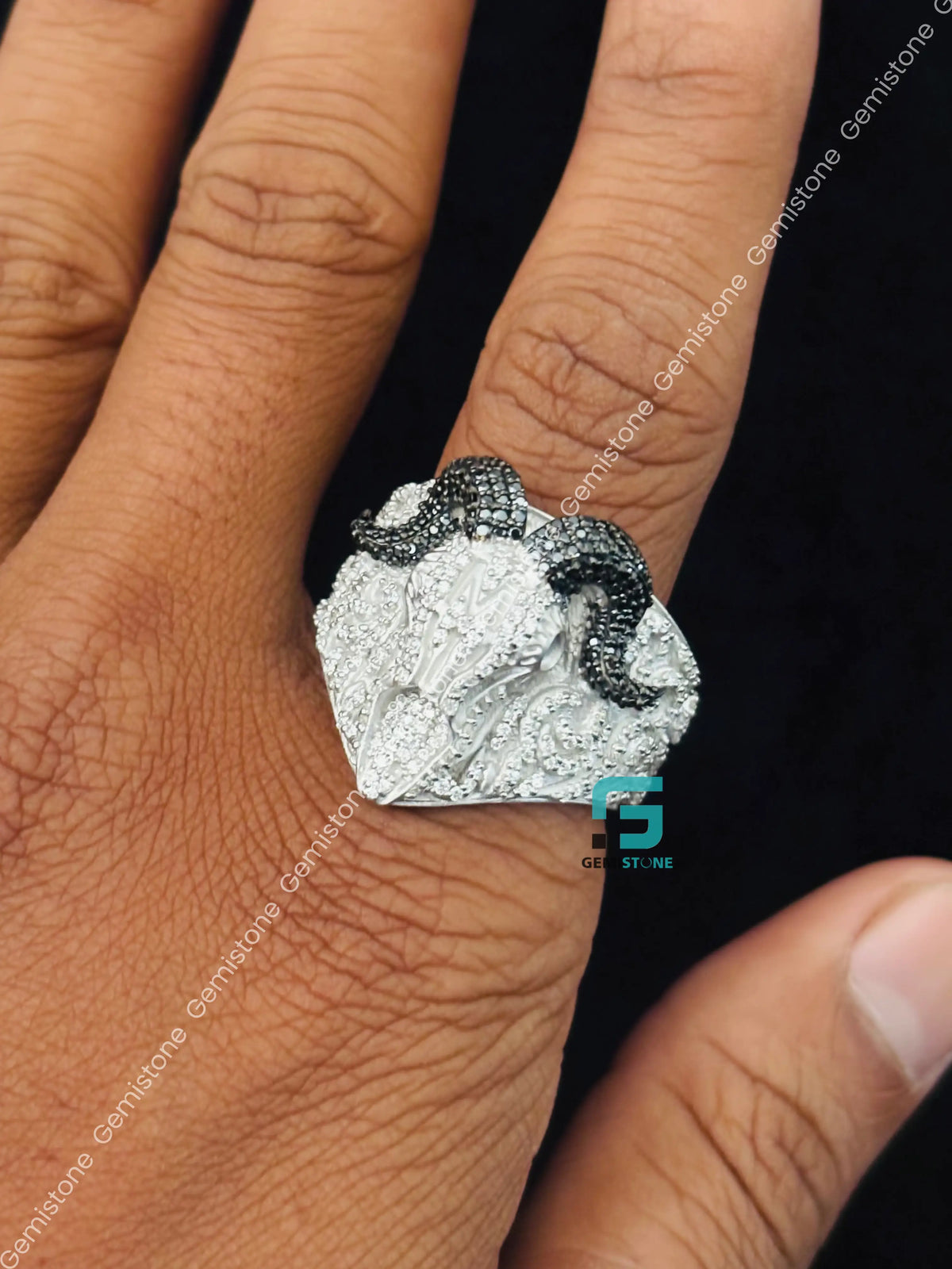 Black & White Diamond RAM Head Skull Moissanite Hip Hop Ring