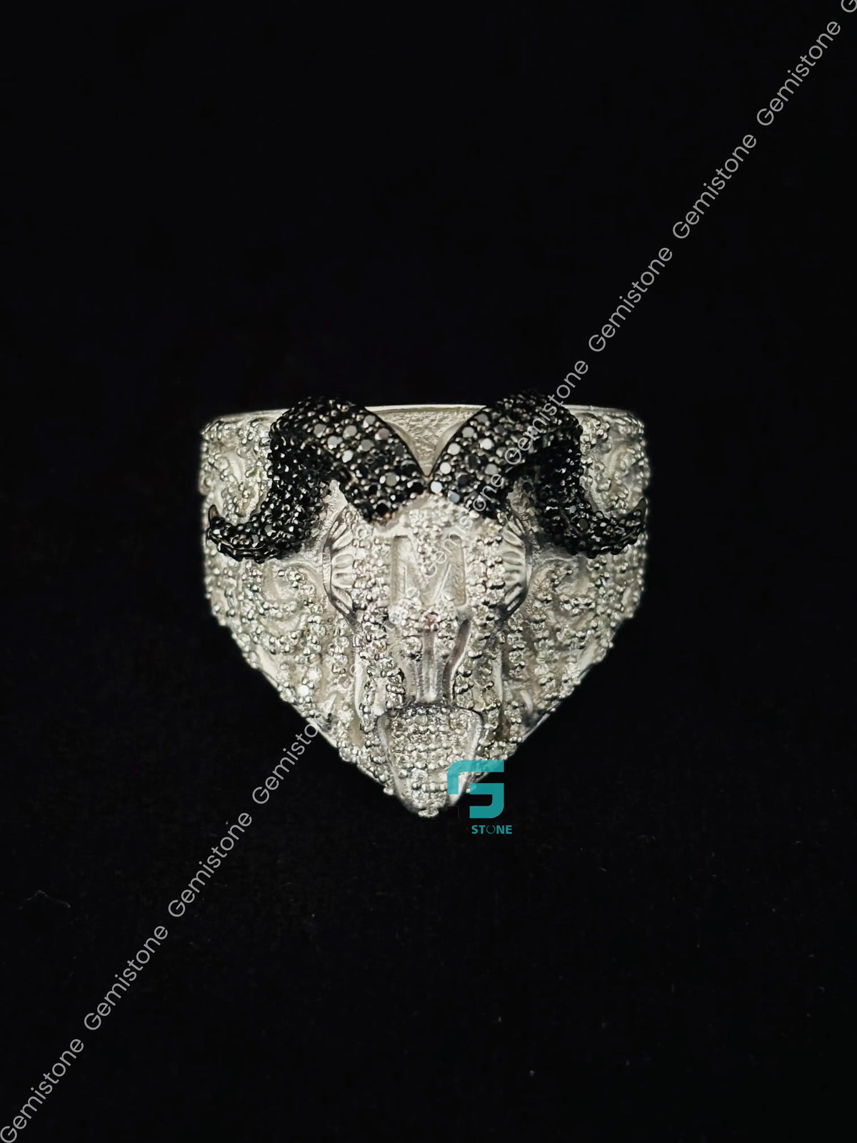 Black & White Diamond RAM Head Skull Moissanite Hip Hop Ring