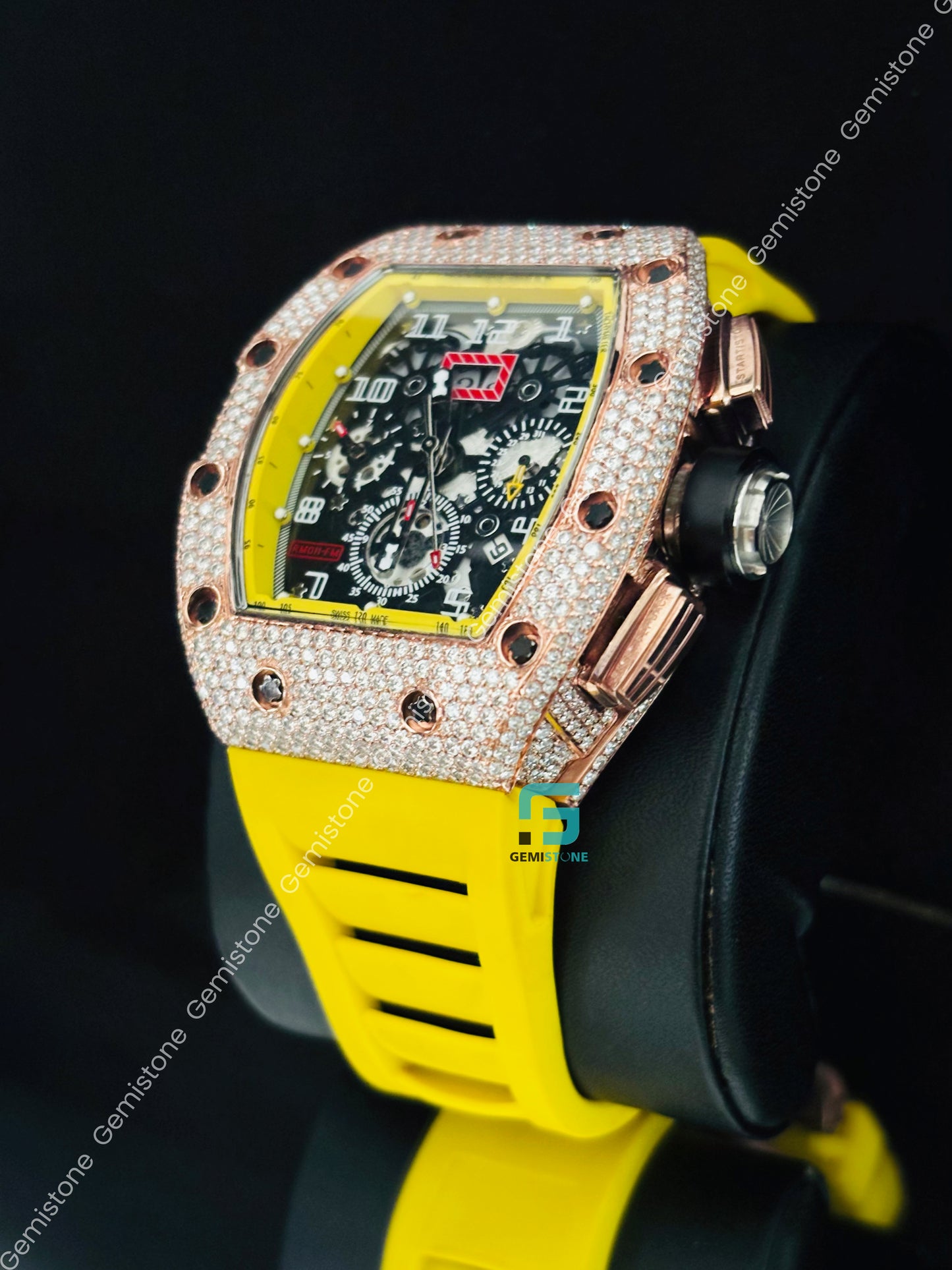 RM Moissanite Yellow Silicon Strap Studded Watch