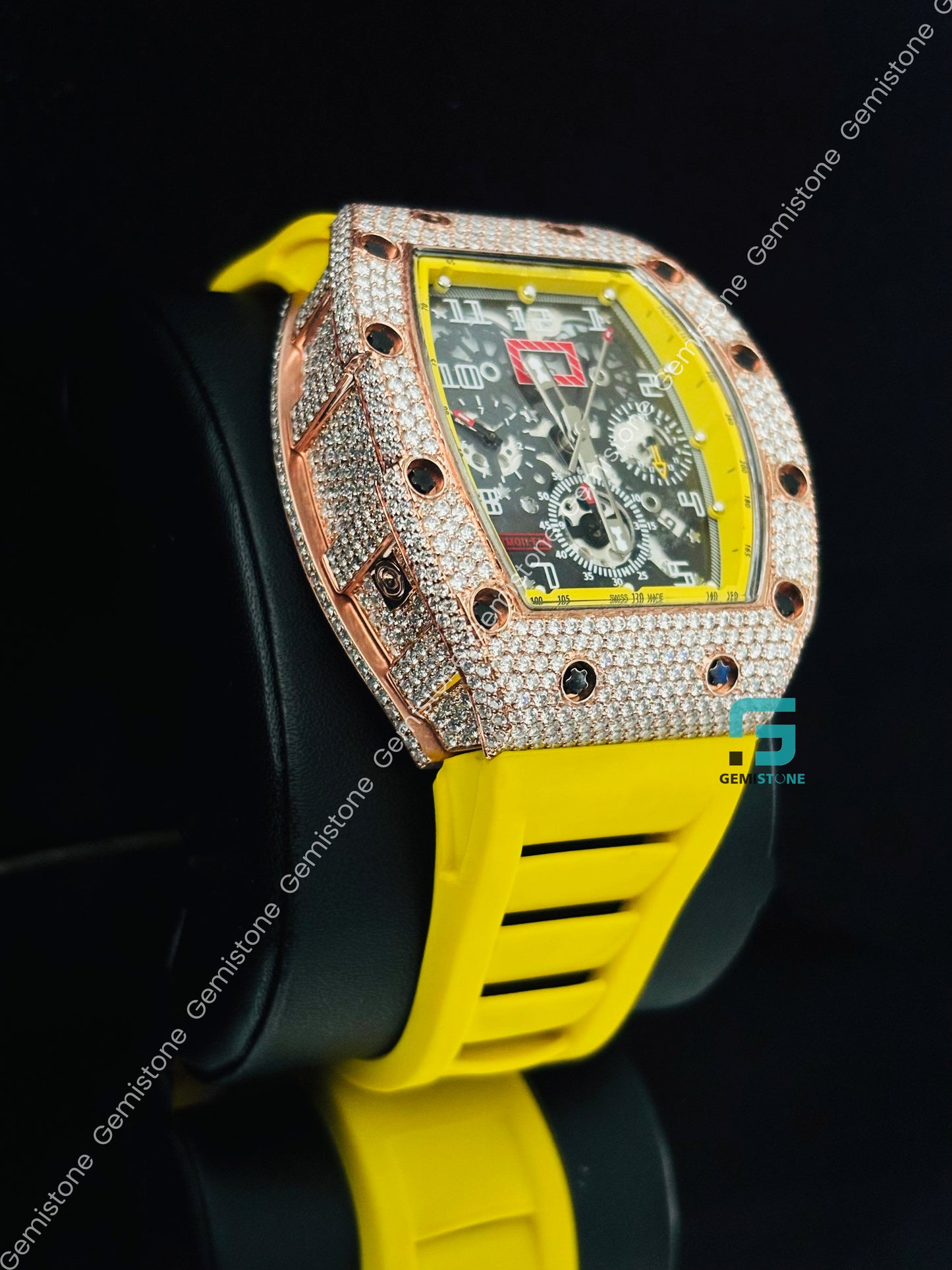 RM Moissanite Yellow Silicon Strap Studded Watch For Men