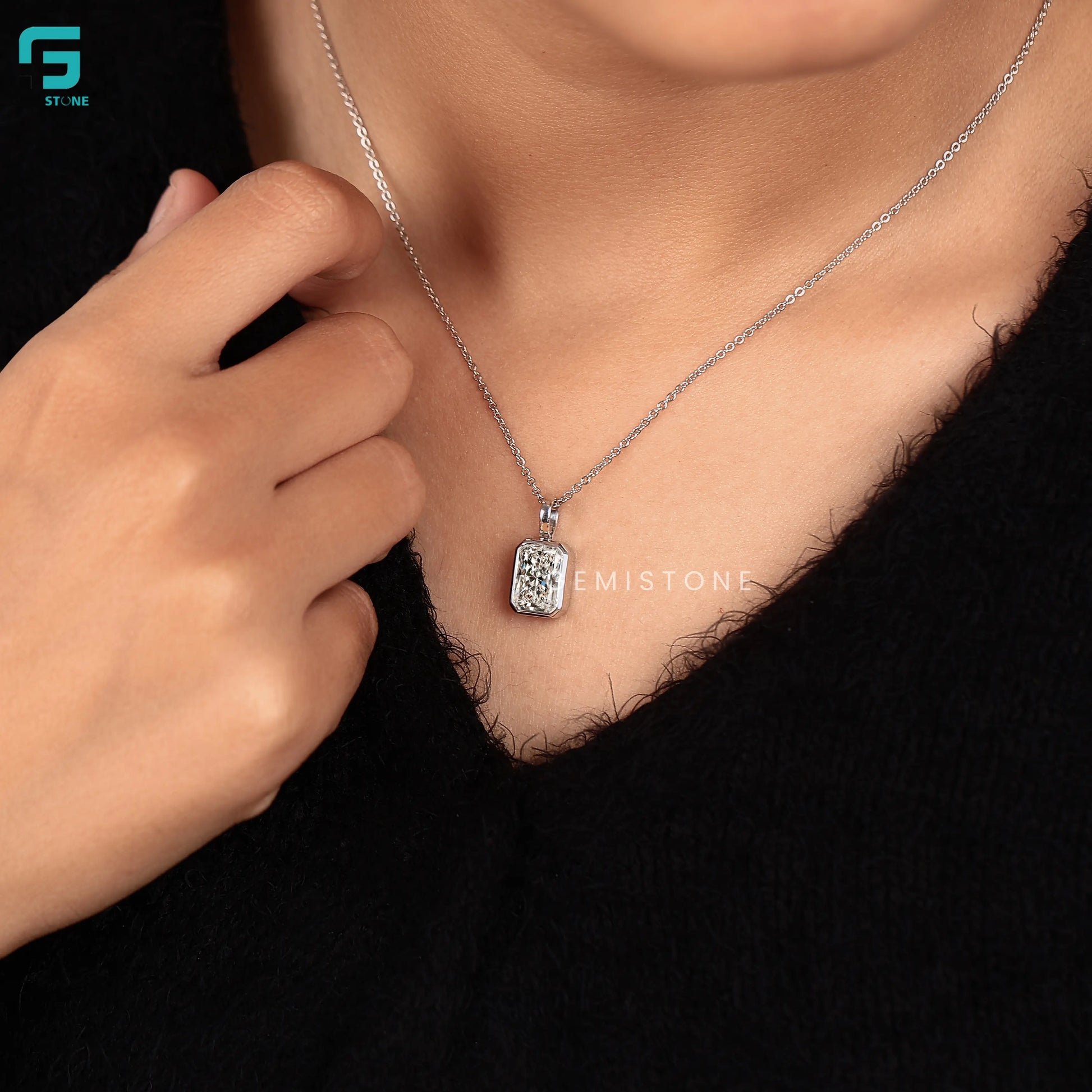 Radiant Cut Bezel Set Lab Diamond Pendant For Women