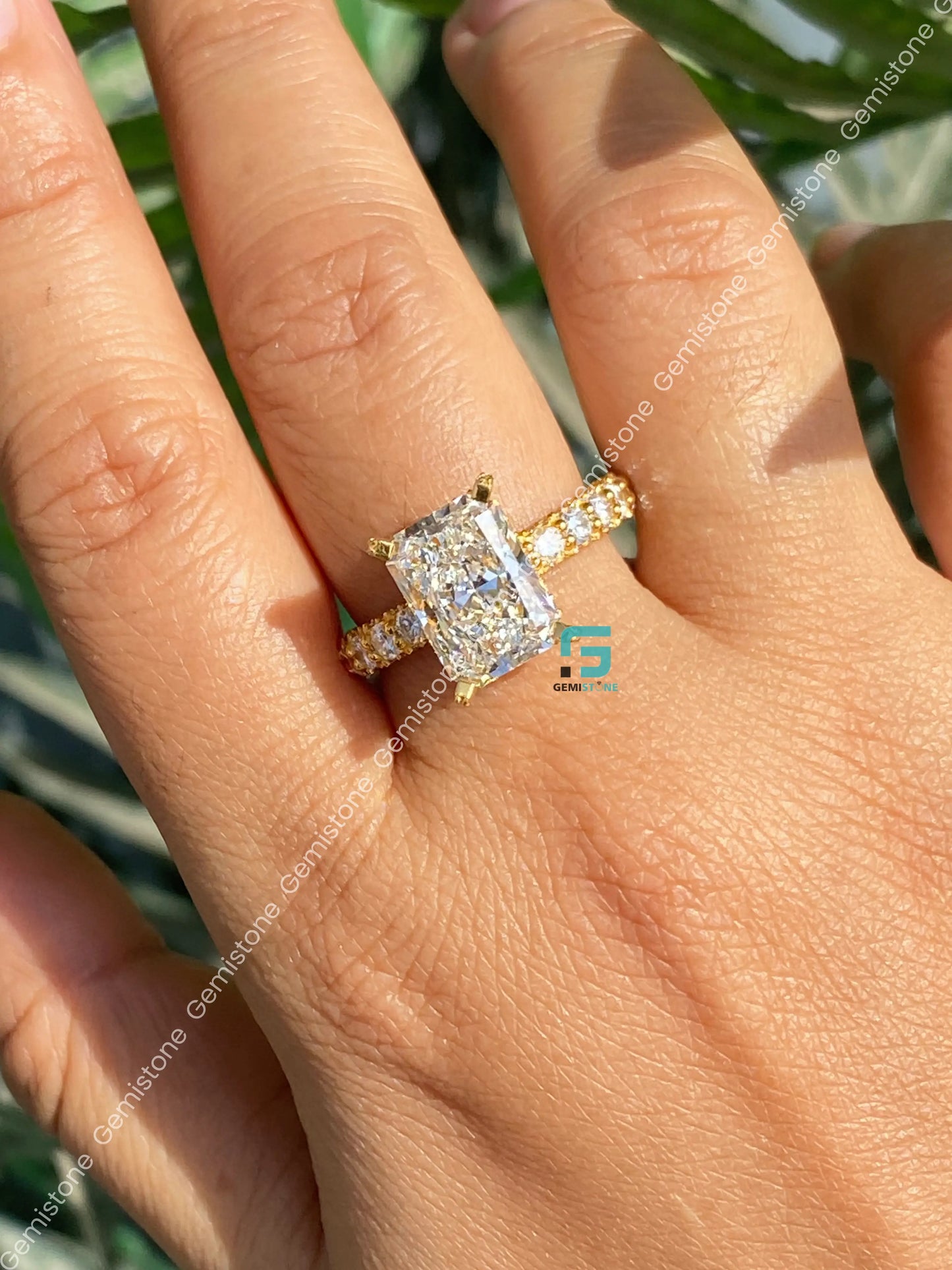 Radiant Cut Moissanite Side Stone With Hidden Halo Ring